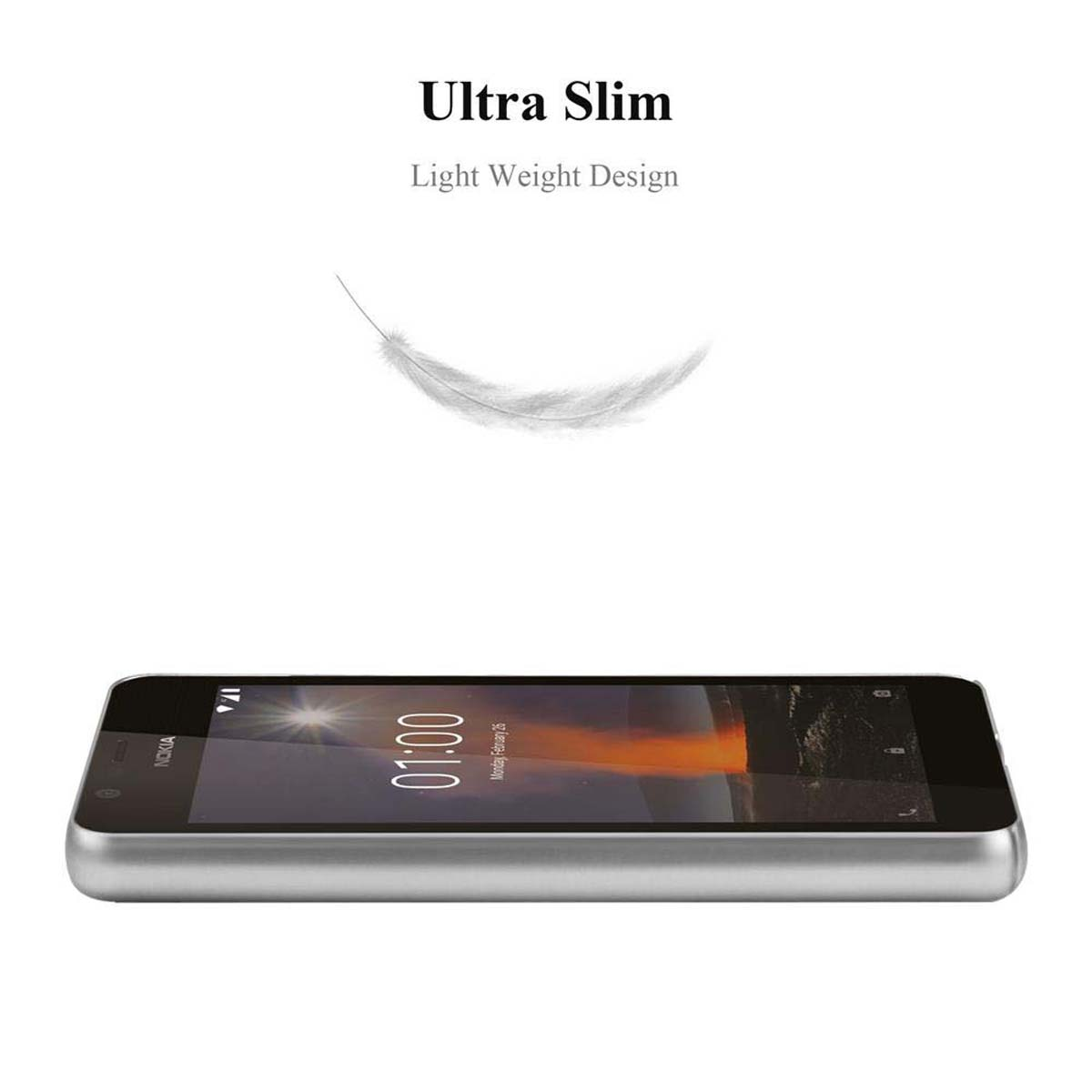 Ein Telefon auf weißem Hintergrund. Eine Feder ist über dem Telefon. Das Wort 'Ultra Slim' ist sichtbar.