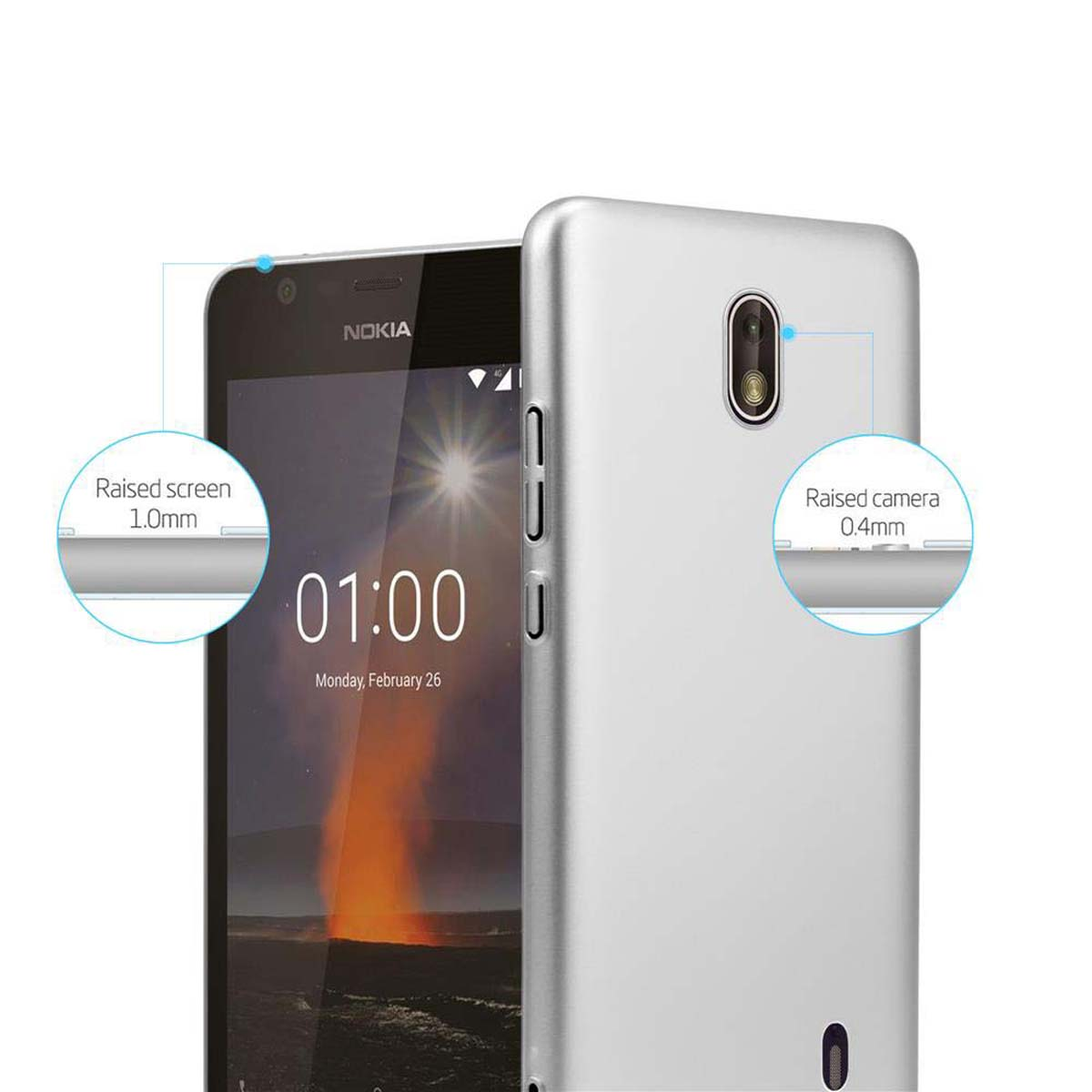 Silbernes Nokia-Telefon und -Gehäuse. Zeigt Kamera und Bildschirm. Informative Beschriftungen und Maße sind sichtbar.