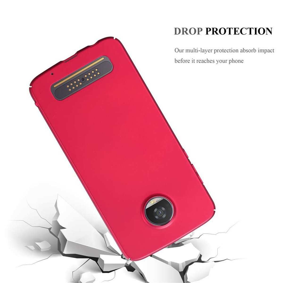 Custodia rossa per telefono angolata, con testo protettivo ed effetto suolo incrinato. Foro fotocamera visibile.