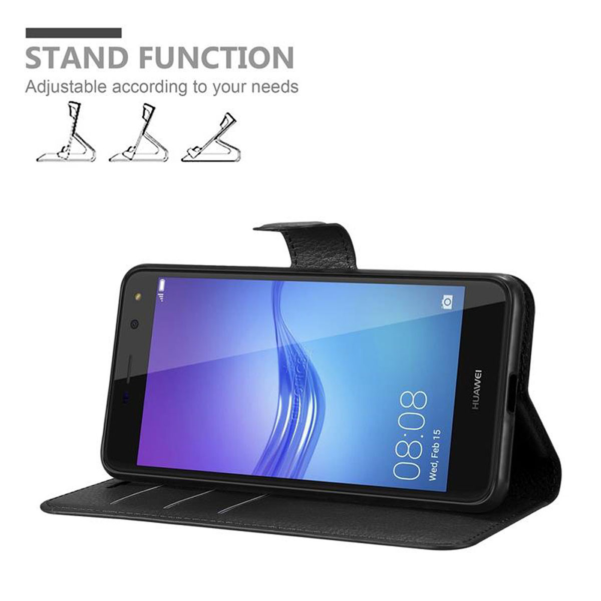 Schwarze Handyhülle geöffnet, mit einem Telefon darin. Das Telefon zeigt Uhrzeit und Datum an.