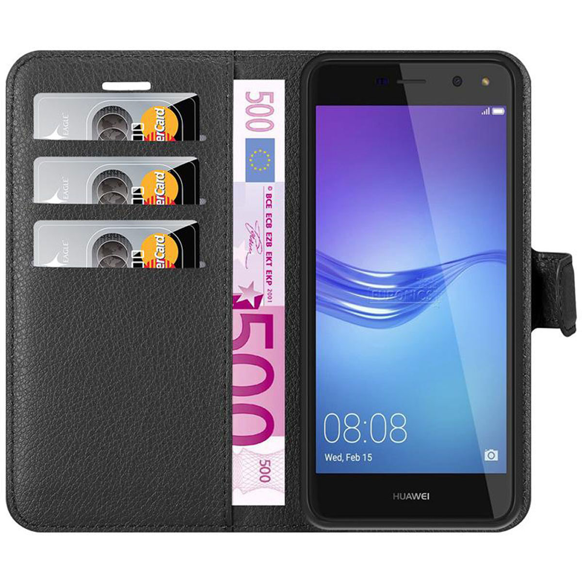 Schwarze Handy-Geldbörsenhülle, offen, mit Telefon, Karten und einem 500-Euro-Schein.
