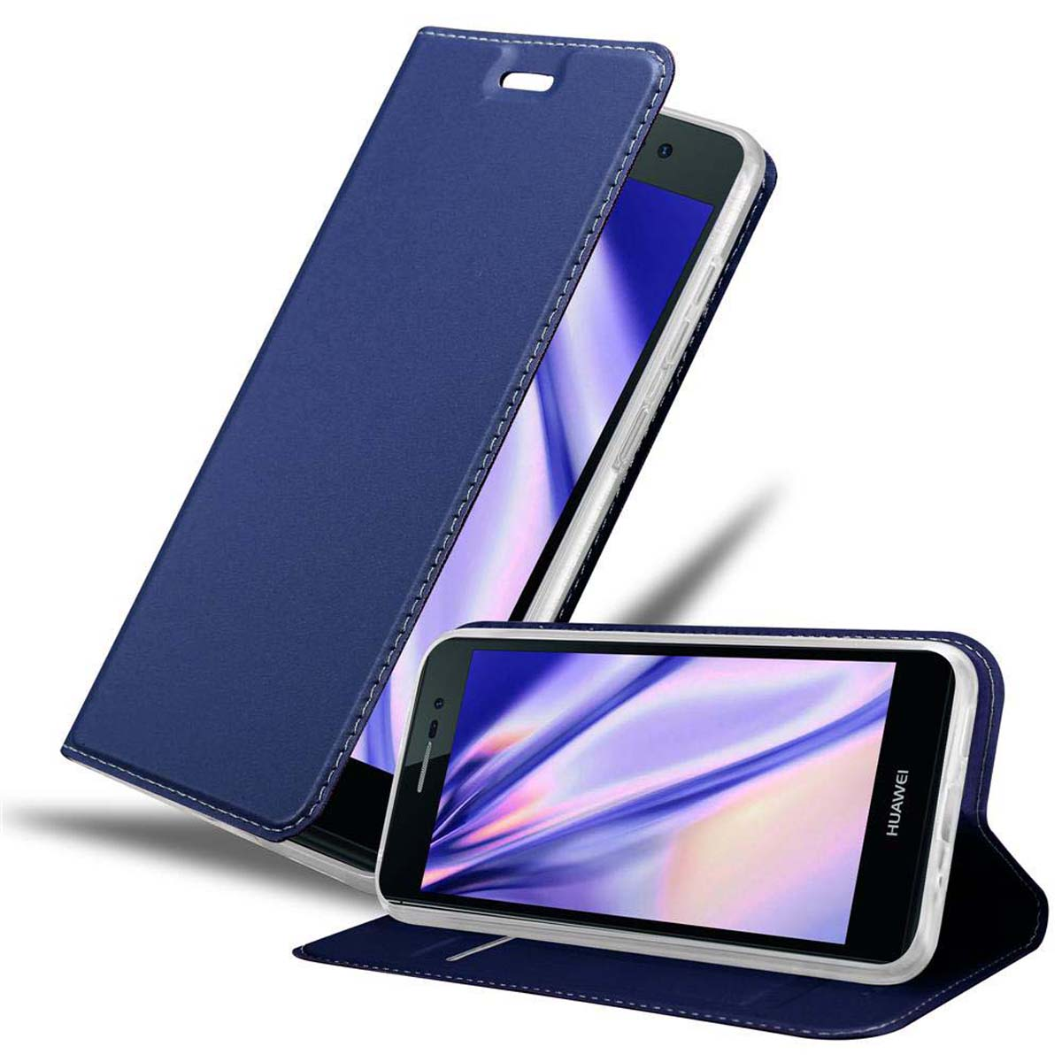 Funda azul para teléfono con un teléfono dentro. La funda está abierta.