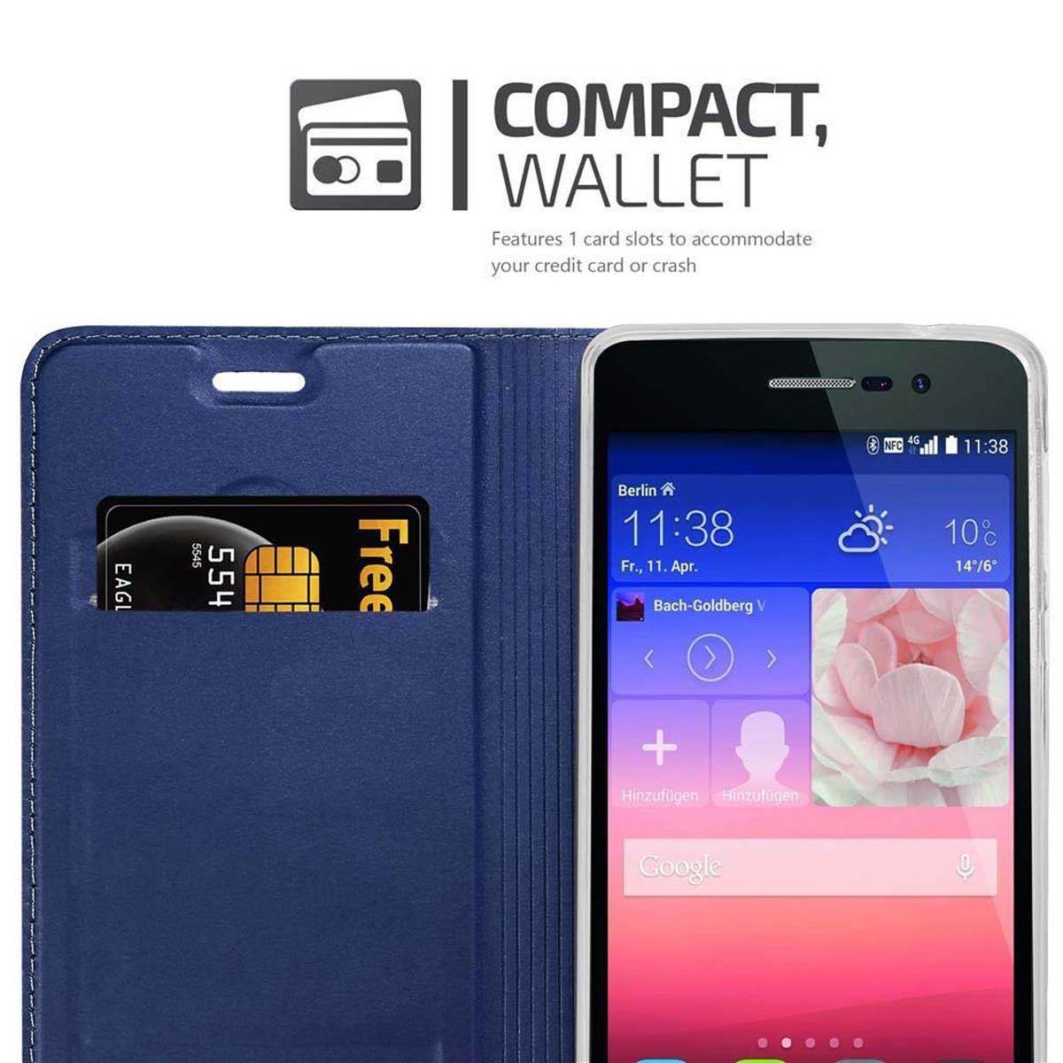 Funda azul abierta, con ranura para tarjeta y teléfono con pantalla de inicio, con tarjeta en ranura.