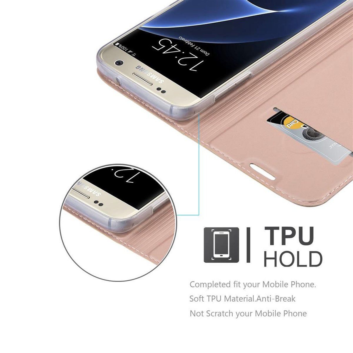 Telefono in custodia rosa. Il testo dice: TPU HOLD.