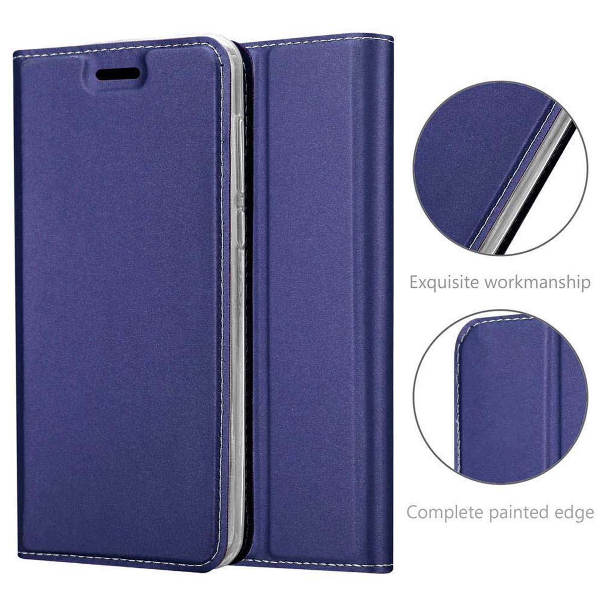 Funda azul de teléfono, cerrada. Acabado exquisito y bordes pintados. Detalles en círculos.