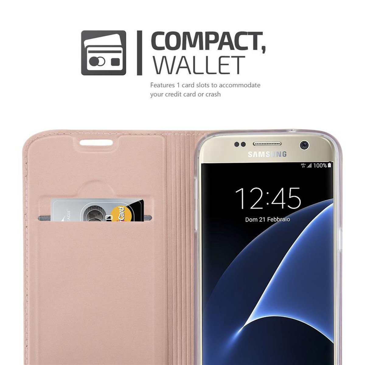 Custodia rosa per telefono aperta, che mostra una carta di credito e un telefono. La custodia ha uno slot per schede.