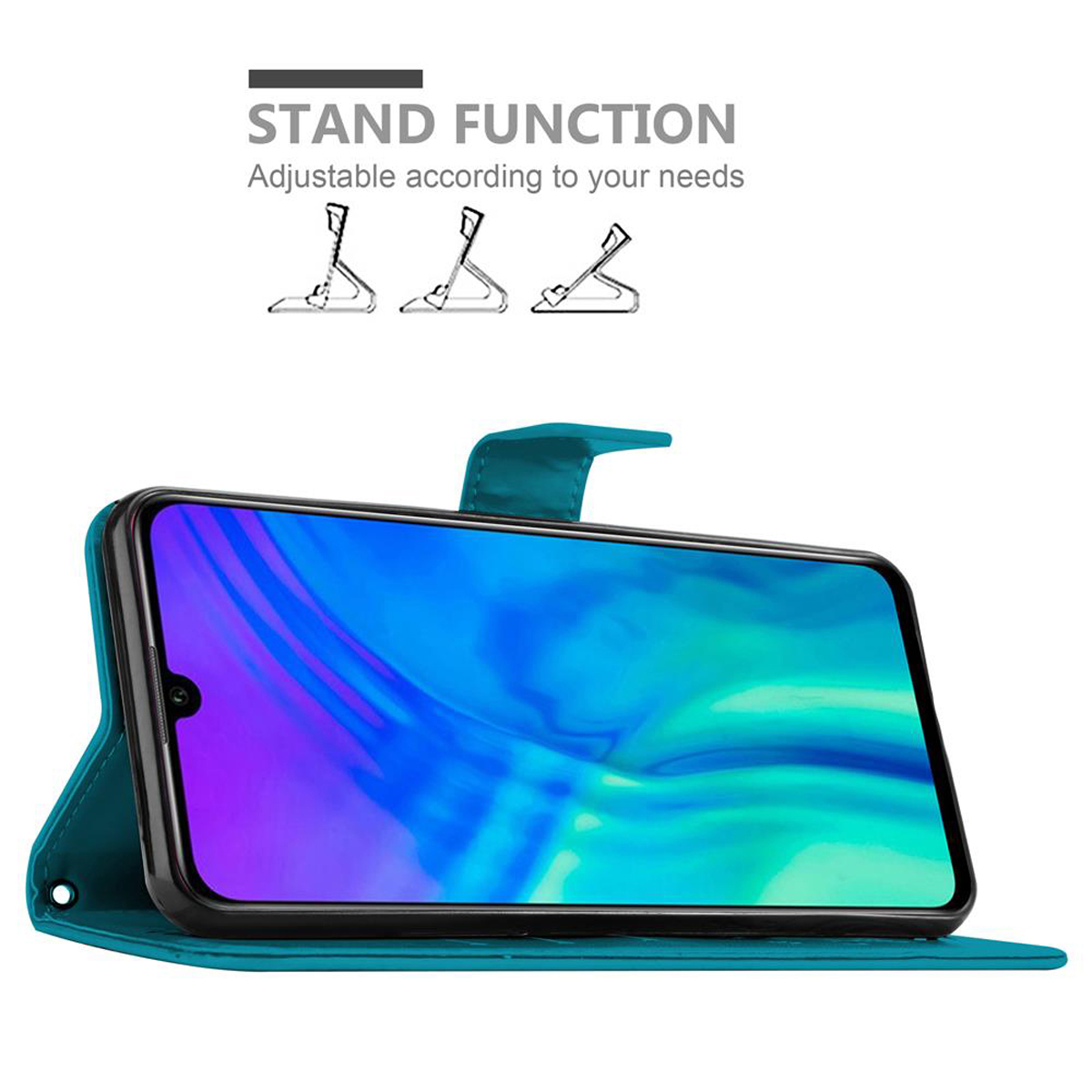 Una custodia verde acqua con un telefono all'interno. Il telefono mostra uno sfondo blu e verde. Testo: STAND FUNCTION.