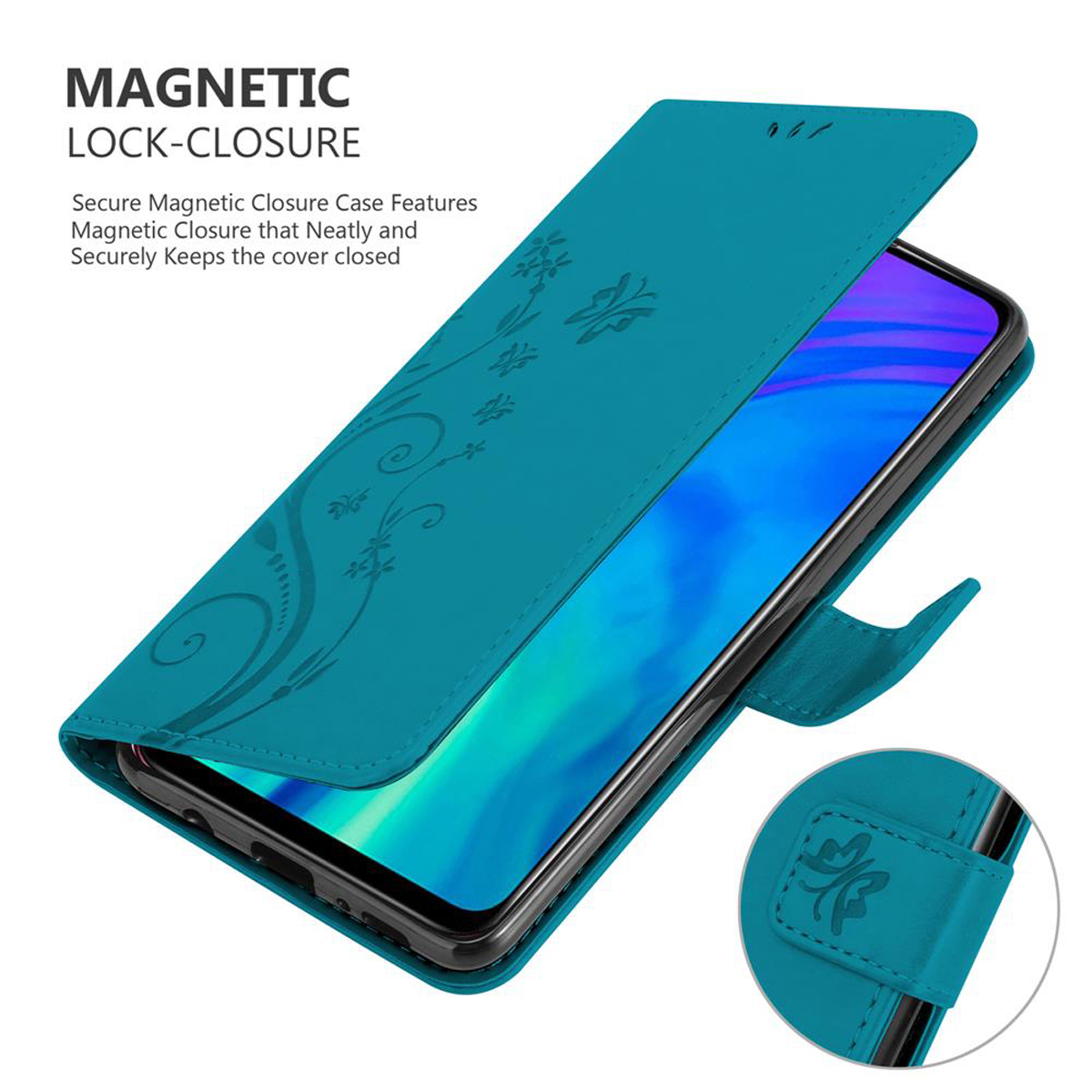 Custodia turchese con telefono, motivo decorativo e testo 'Magnetic Lock-Closure'.