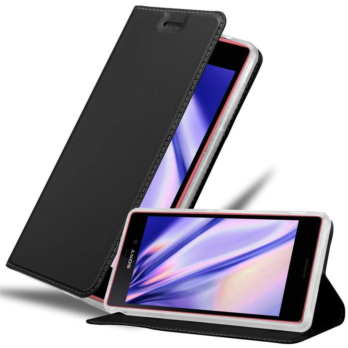 Una funda de teléfono negra con un teléfono dentro. El teléfono está abierto y la pantalla es visible.