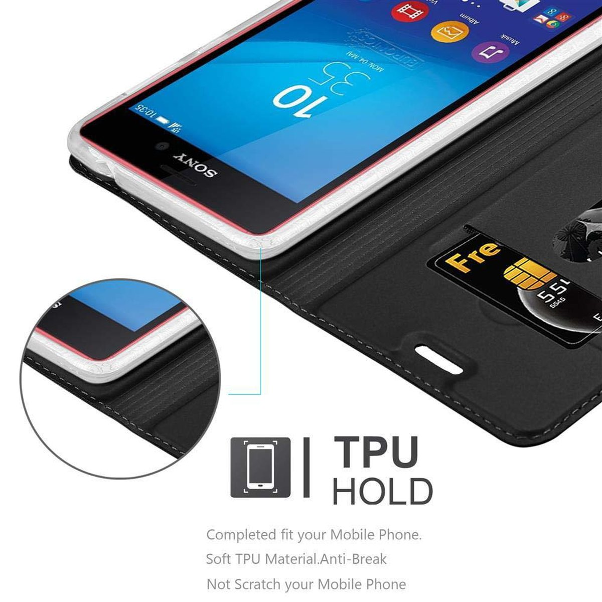 Teléfono en una funda negra. Vista de cerca de la pantalla del teléfono, una tarjeta y la funda.