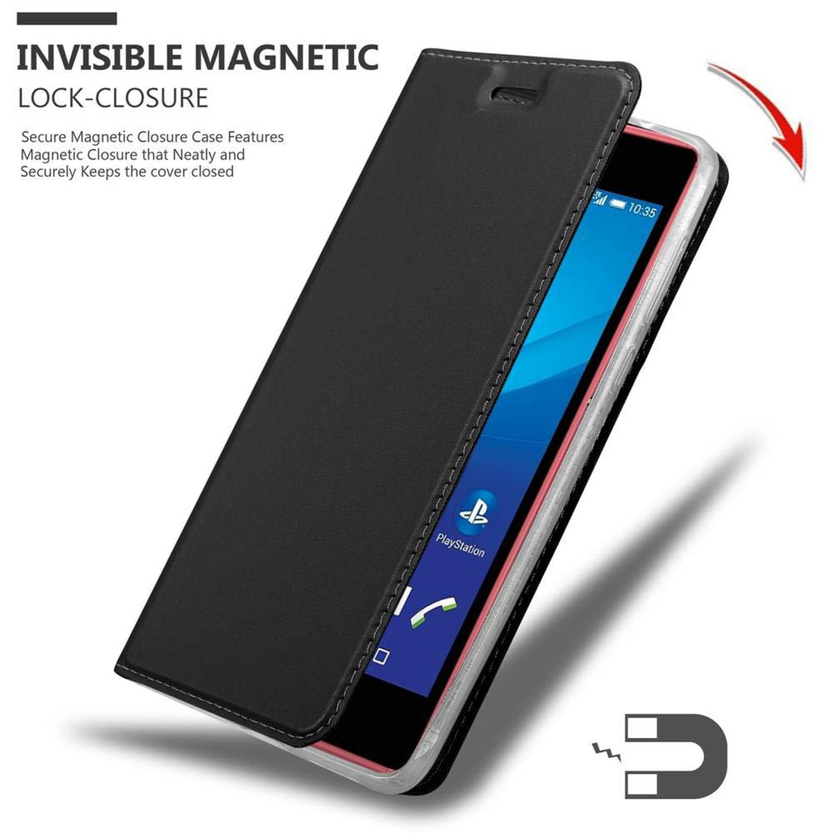 Una funda de teléfono negra, abierta con un teléfono dentro. La pantalla del teléfono muestra el logo de Playstation.