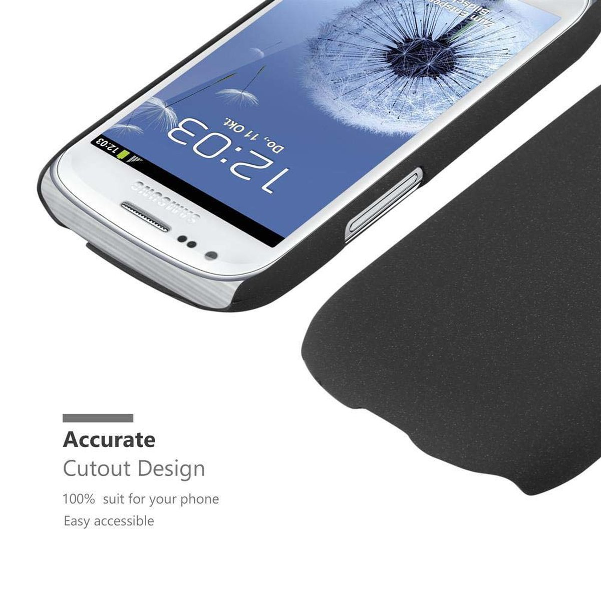 Custodia per telefono nera con telefono all'interno. Testo: 'Accurate Cutout Design'. Il telefono mostra l'ora.