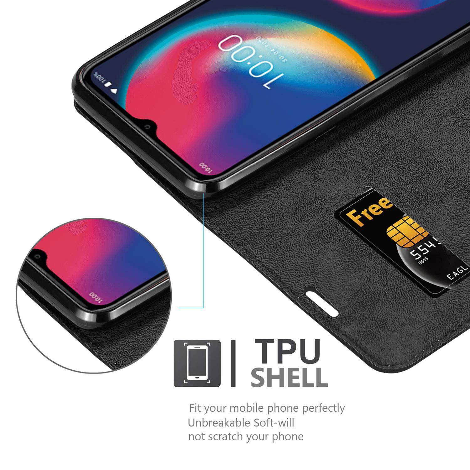 Custodia nera con un telefono all'interno. Una SIM card è visibile.