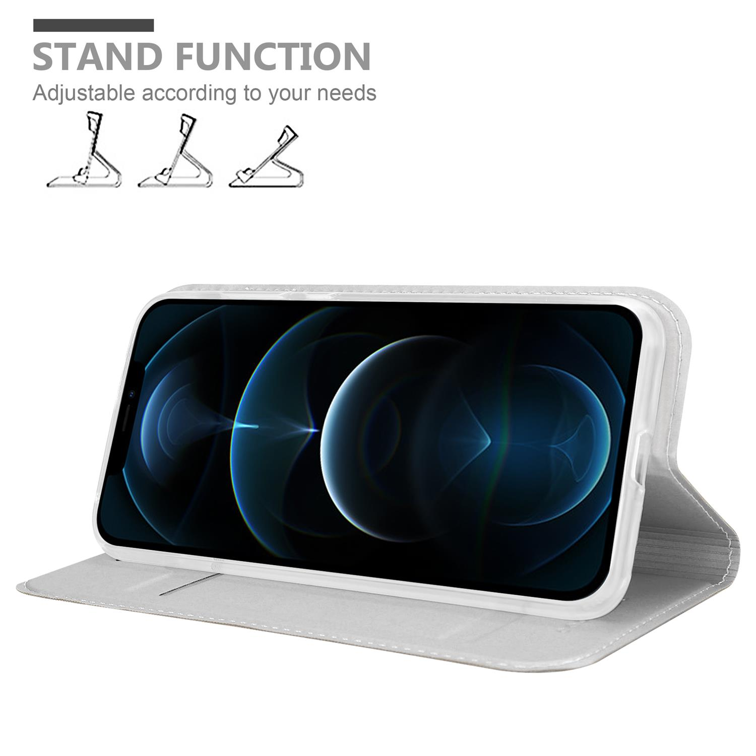 Smartphone in custodia bianca, aperto, mostra schermo con design blu e bianco.