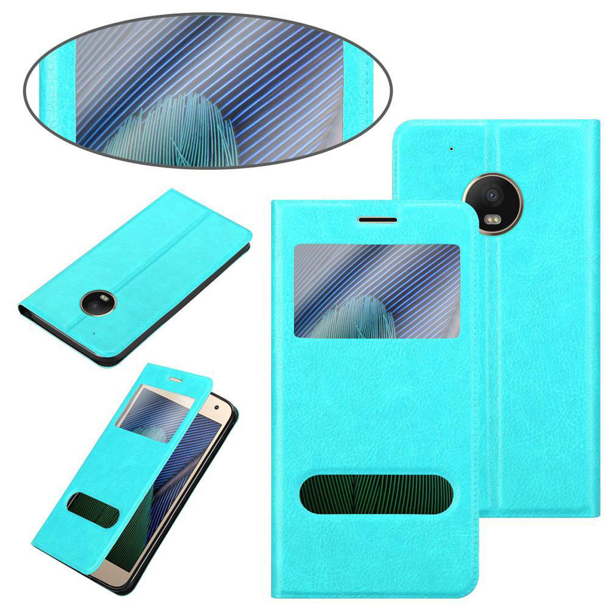 Custodia blu per telefono, aperta, che mostra un telefono. La custodia è blu con una finestra. Il telefono è dentro.