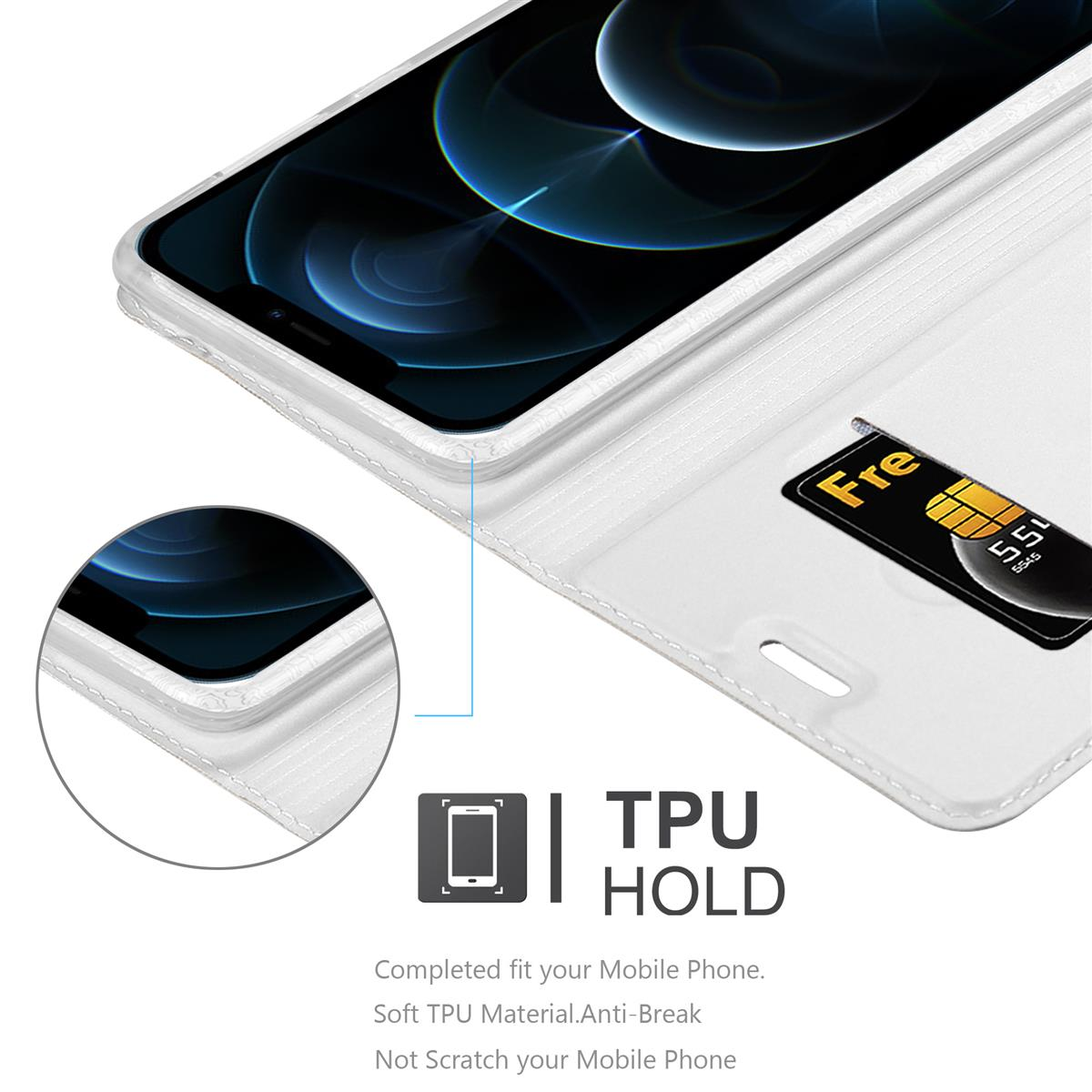 Telefono in custodia bianca, carta di credito e segnale TPU HOLD.