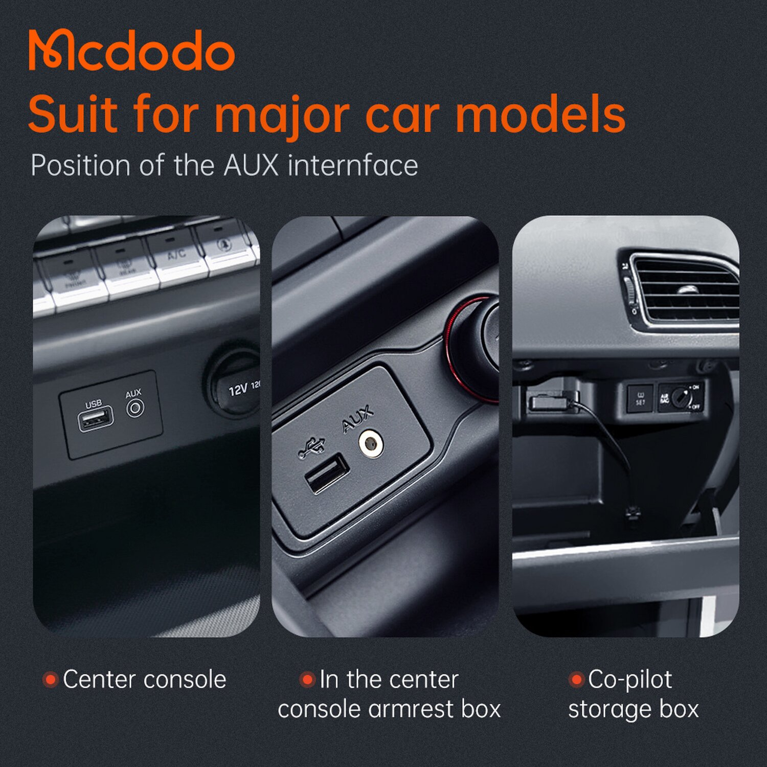 Tre immagini che mostrano USB, aux e vano portaoggetti della console dell'auto. Adatto per i principali modelli di auto.