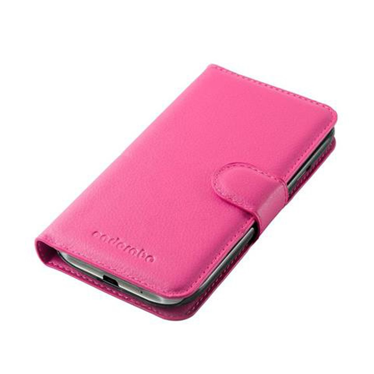 Custodia rosa per telefono aperta. La custodia ha un materiale simile alla pelle e una patta.