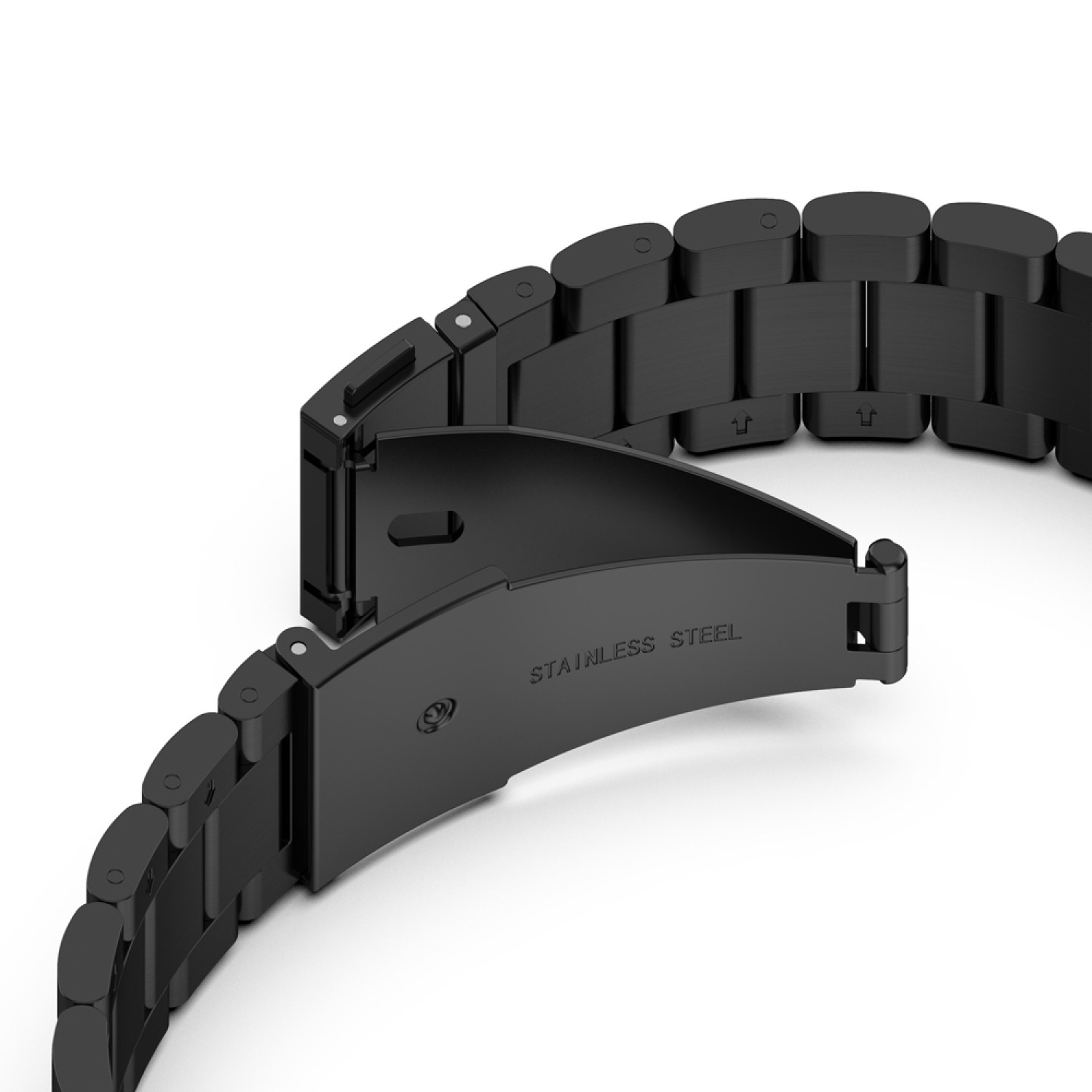 Schwarzes Edelstahl-Uhrenarmband, offen, mit der Aufschrift 'STAINLESS STEEL' auf dem Verschluss.