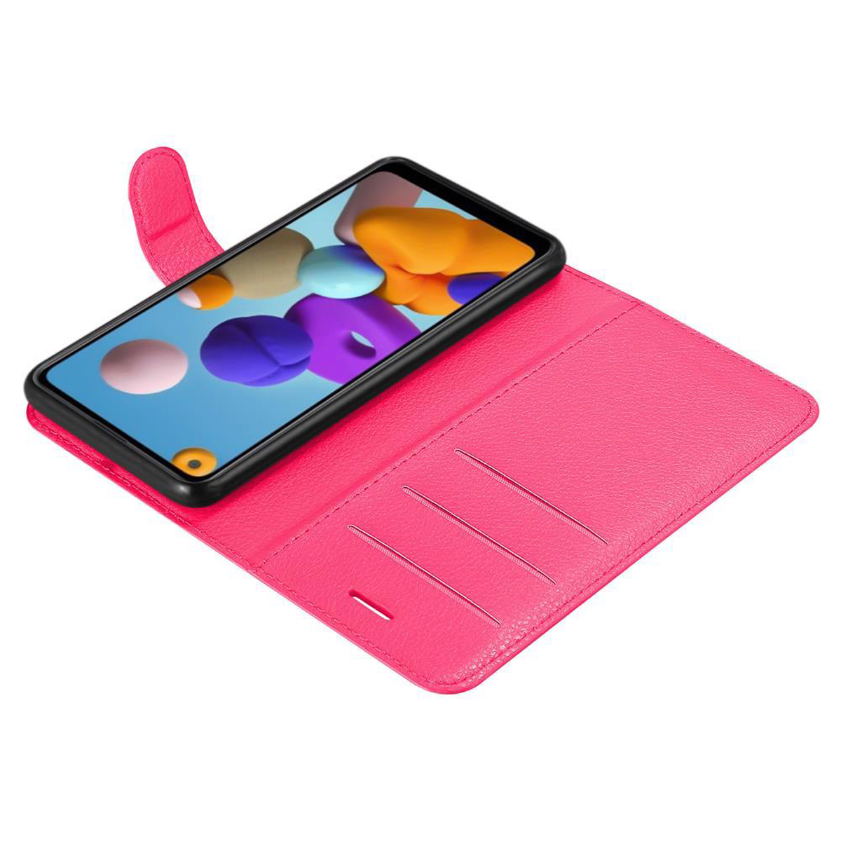 Custodia per telefono rosa aperta con un telefono all'interno. Lo schermo del telefono è visibile.