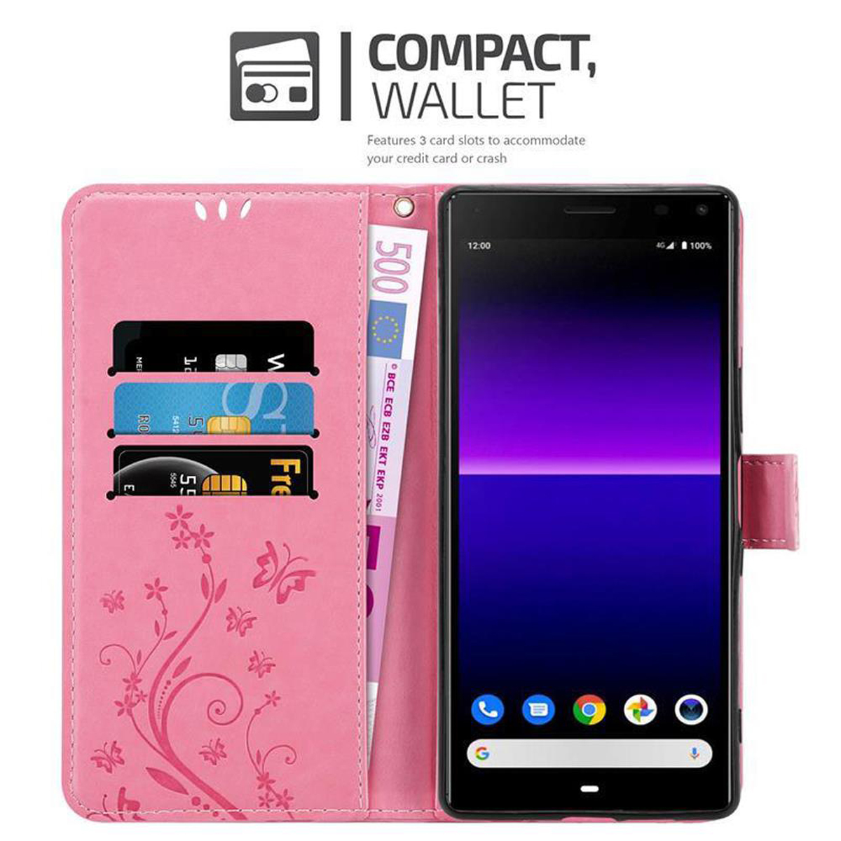 Custodia a portafoglio rosa per telefono aperta, con telefono e carte di credito visibili. Testo: Compatto, Portafoglio.