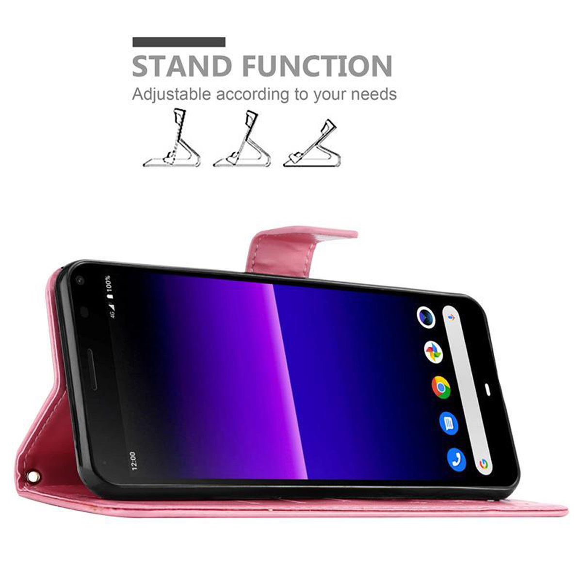Custodia per telefono rosa con telefono all'interno e la funzione supporto viene mostrata sopra.