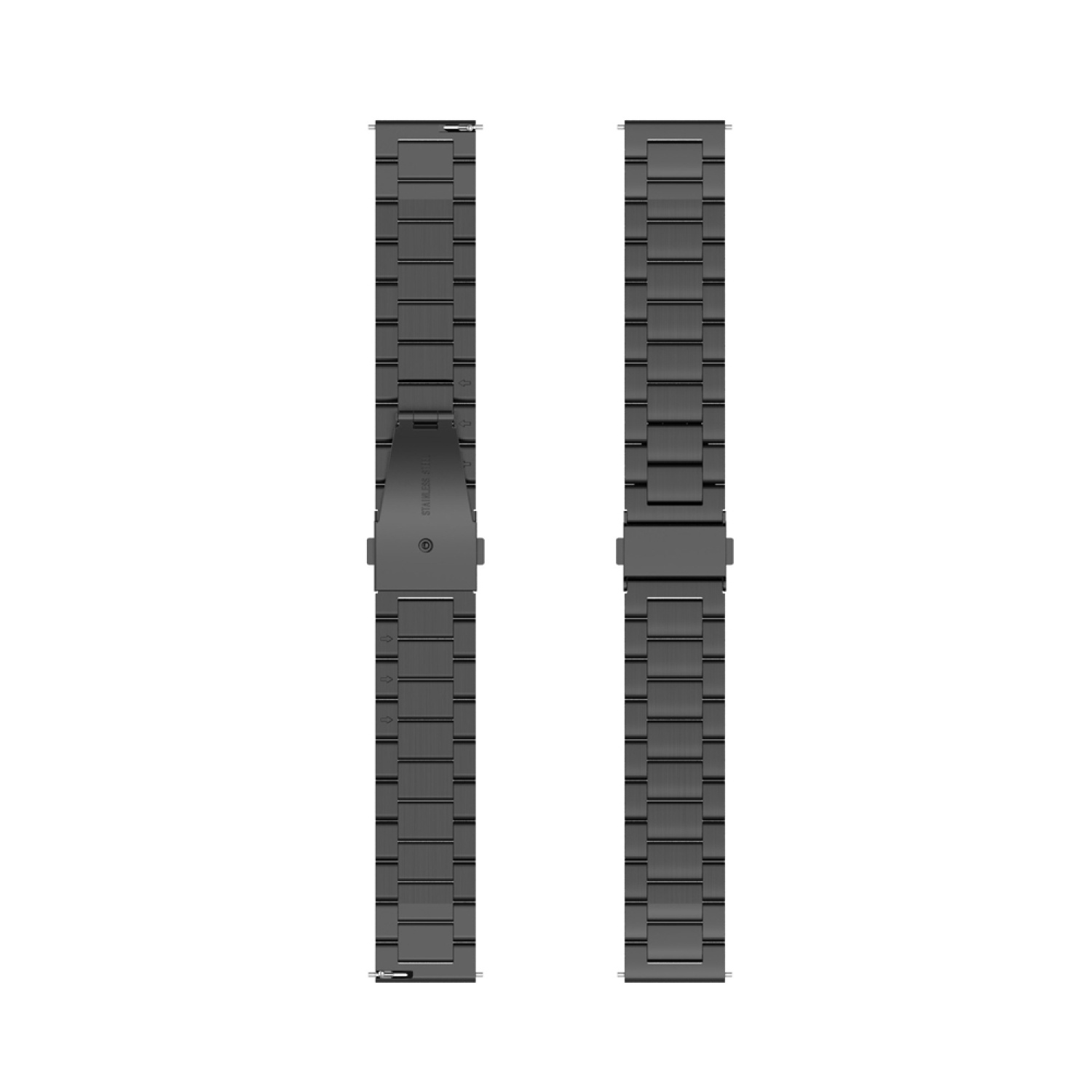Zwei Metall-Uhrenarmbänder nebeneinander auf weißem Untergrund.