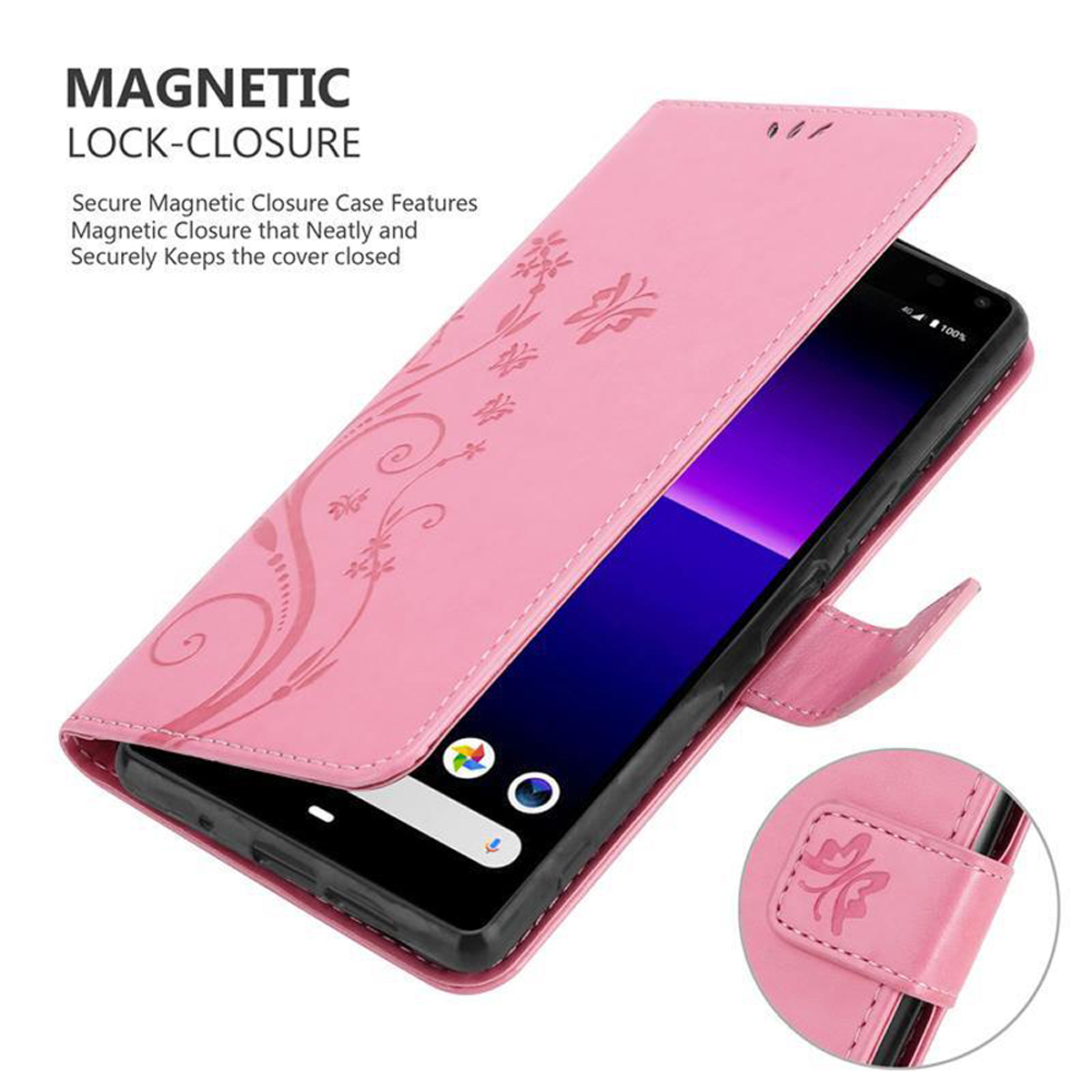 Una custodia per telefono rosa con un telefono all'interno. La custodia ha un design floreale e una chiusura magnetica.