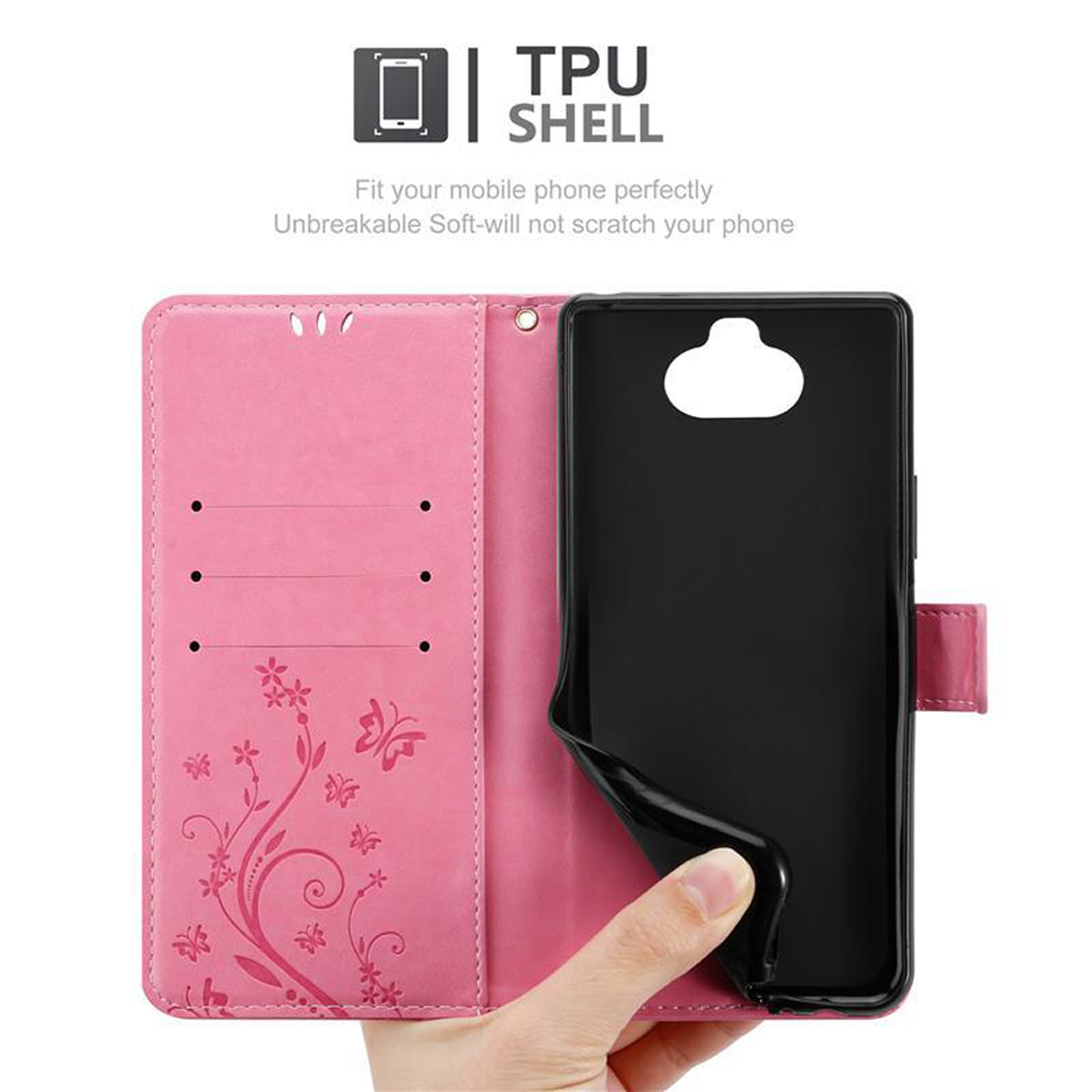 Custodia per telefono rosa aperta, che rivela un supporto nero per telefono e fessure per schede. Testo: TPU Shell.