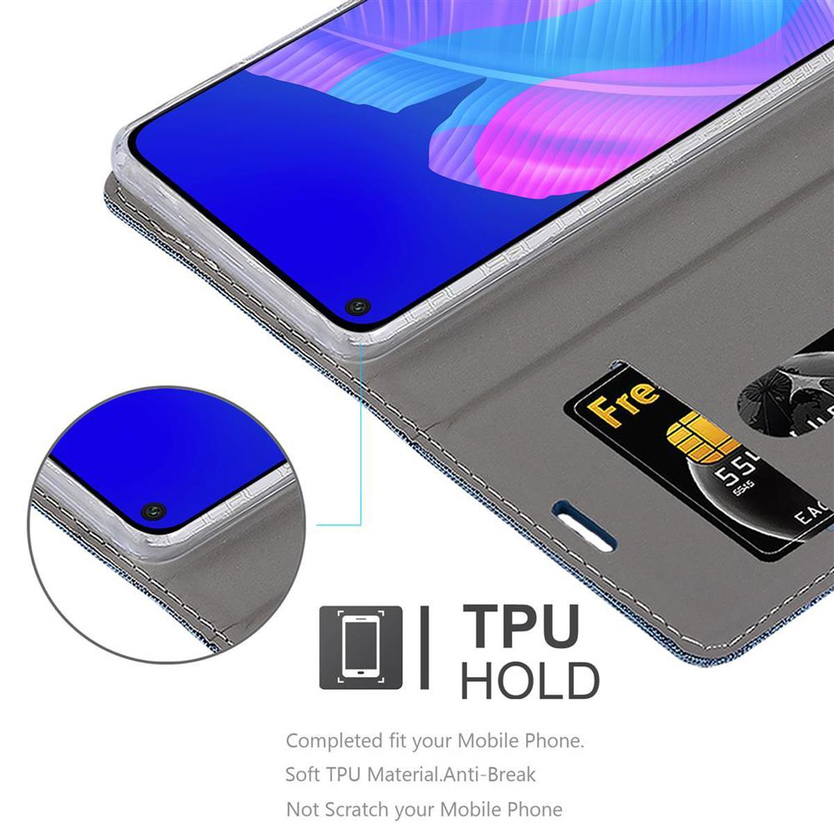 Schwarzes Telefon in einer Hülle, geöffnet, um das Telefon und eine Karte zu zeigen. Die Hülle hat eine TPU-Halterung. Text beschreibt Passform und Material.