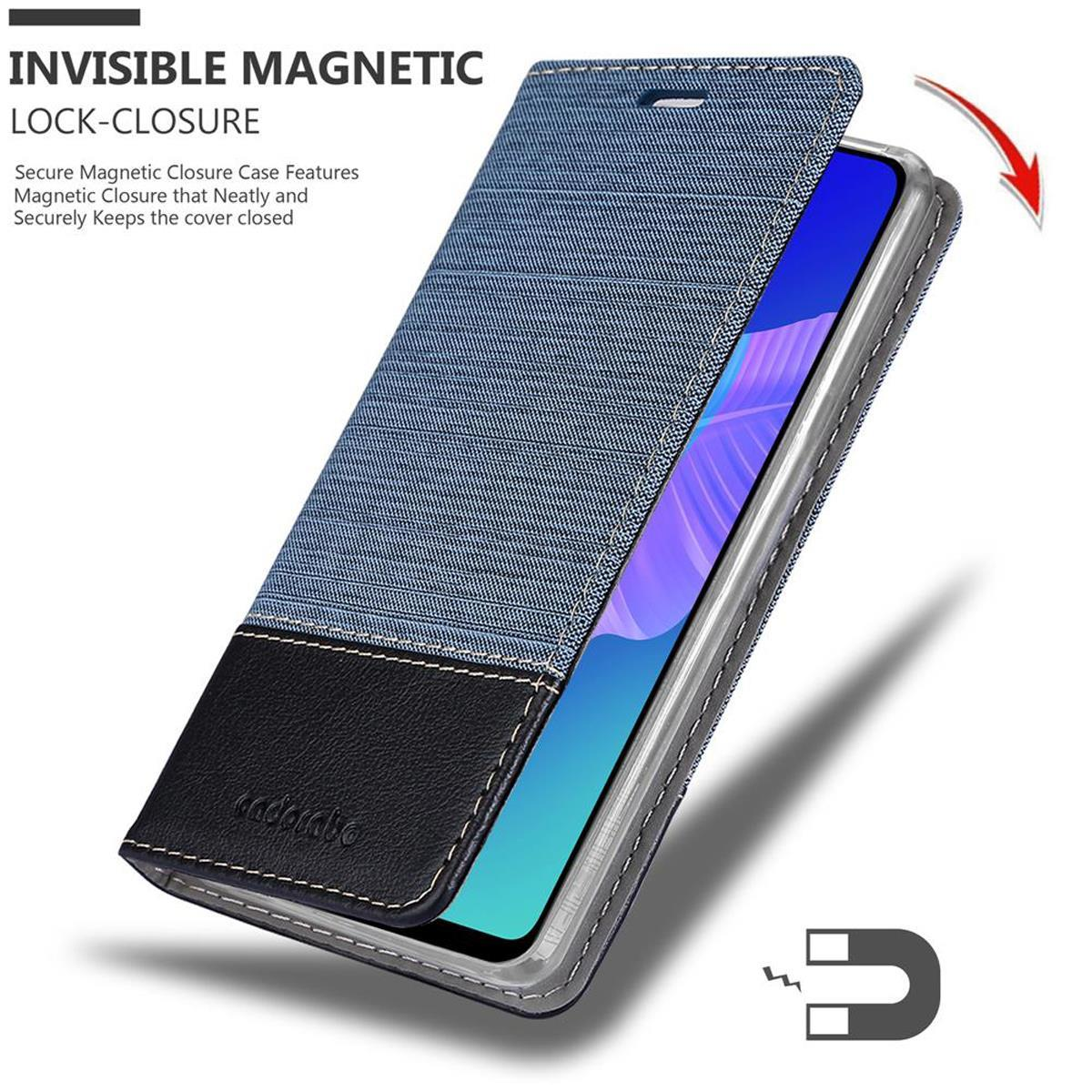 Eine Jeans-Handyhülle offen mit einem Telefon darin. Die Handyhülle ist offen. Die Hülle hat einen Magnetverschluss.