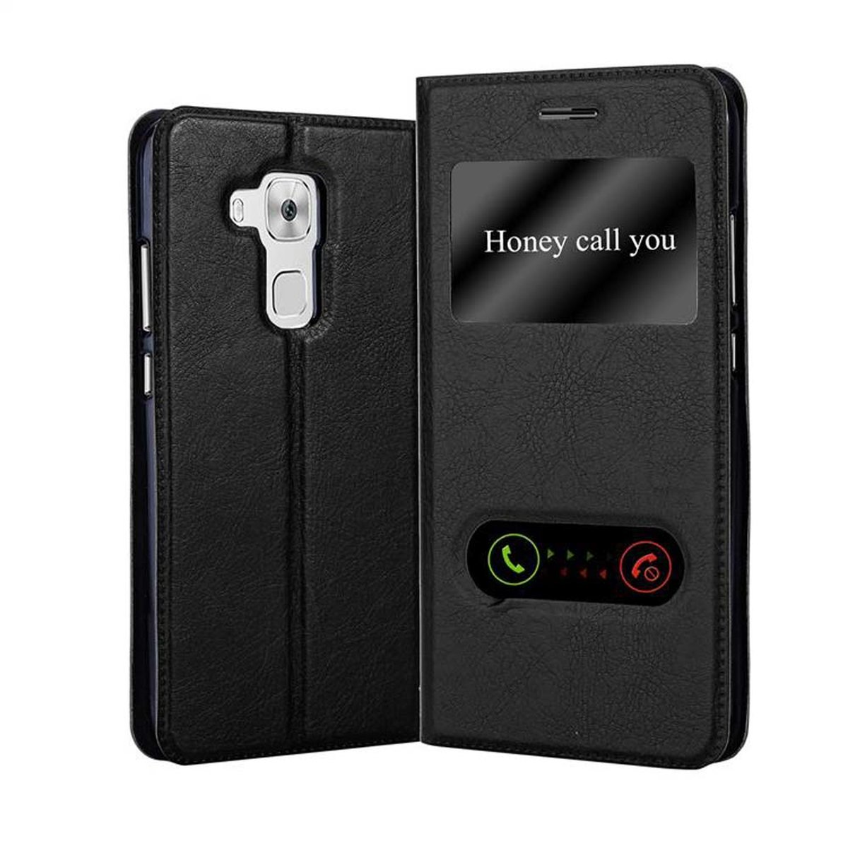 Funda negra con ventana que muestra "Honey call you".