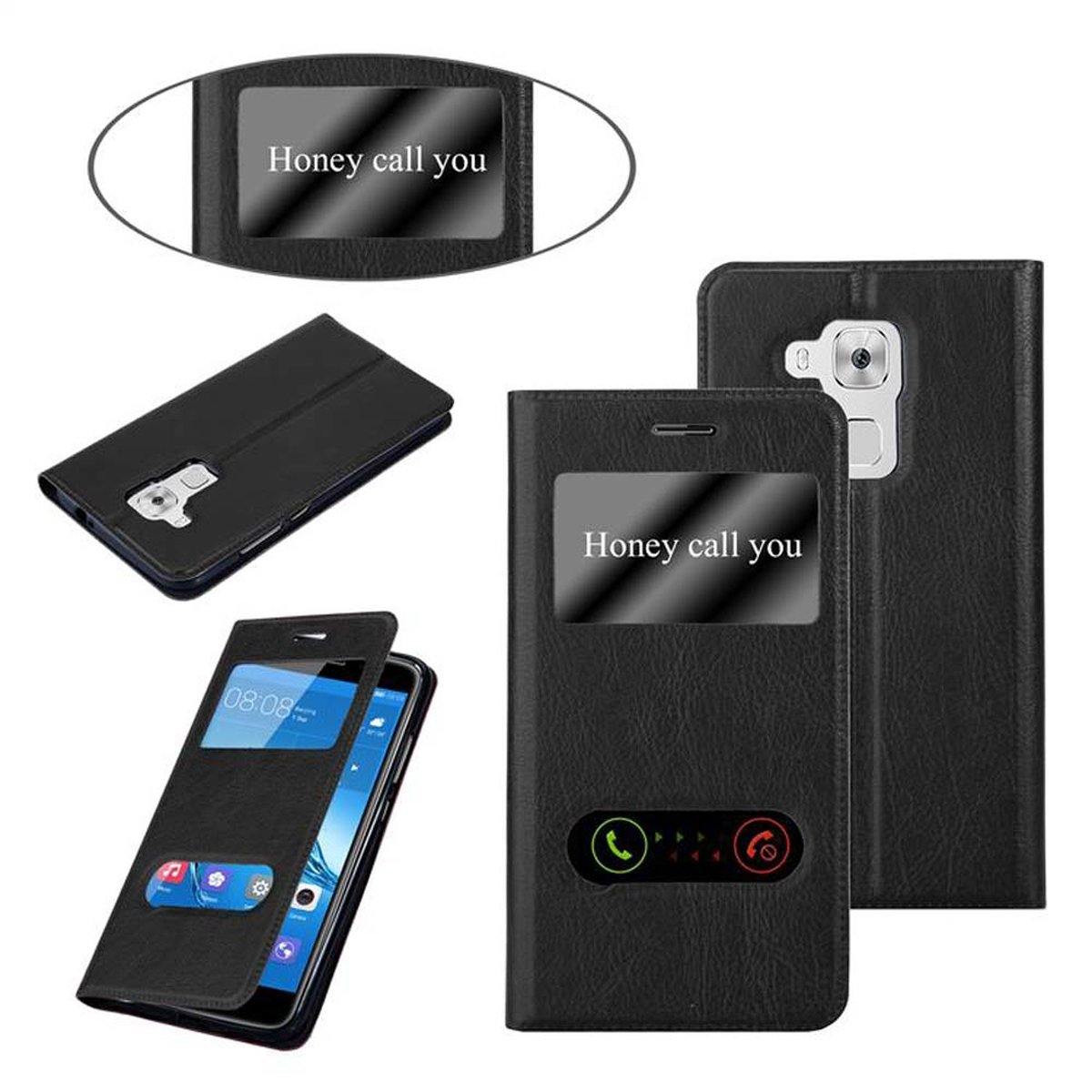 Una funda de teléfono negra con una ventana que dice 'Honey call you'. El teléfono está abierto y mostrando una pantalla.