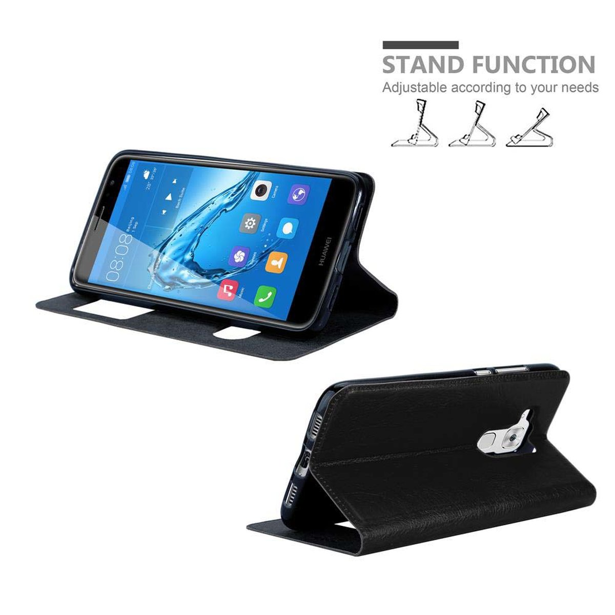 Una funda negra para teléfono que sostiene un teléfono, abierta. La funda también funciona como soporte.