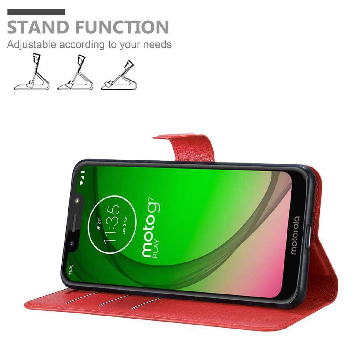 Custodia rossa per telefono con telefono. Il telefono mostra l'ora. Testo: FUNZIONE SUPPORTO.