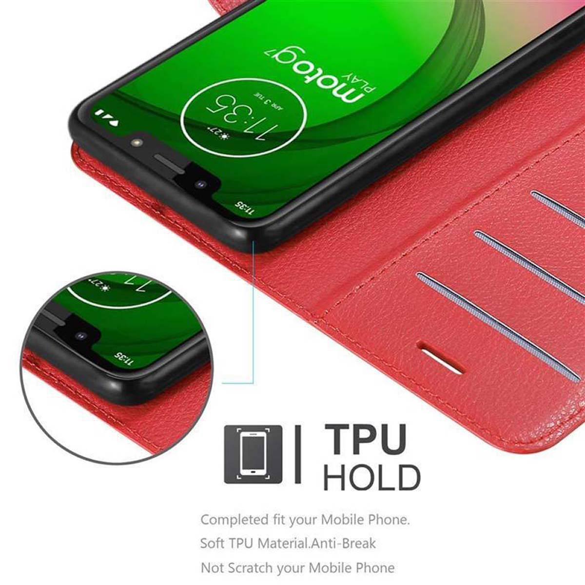 Custodia per telefono rossa con telefono che mostra l'ora e la data sullo schermo.
