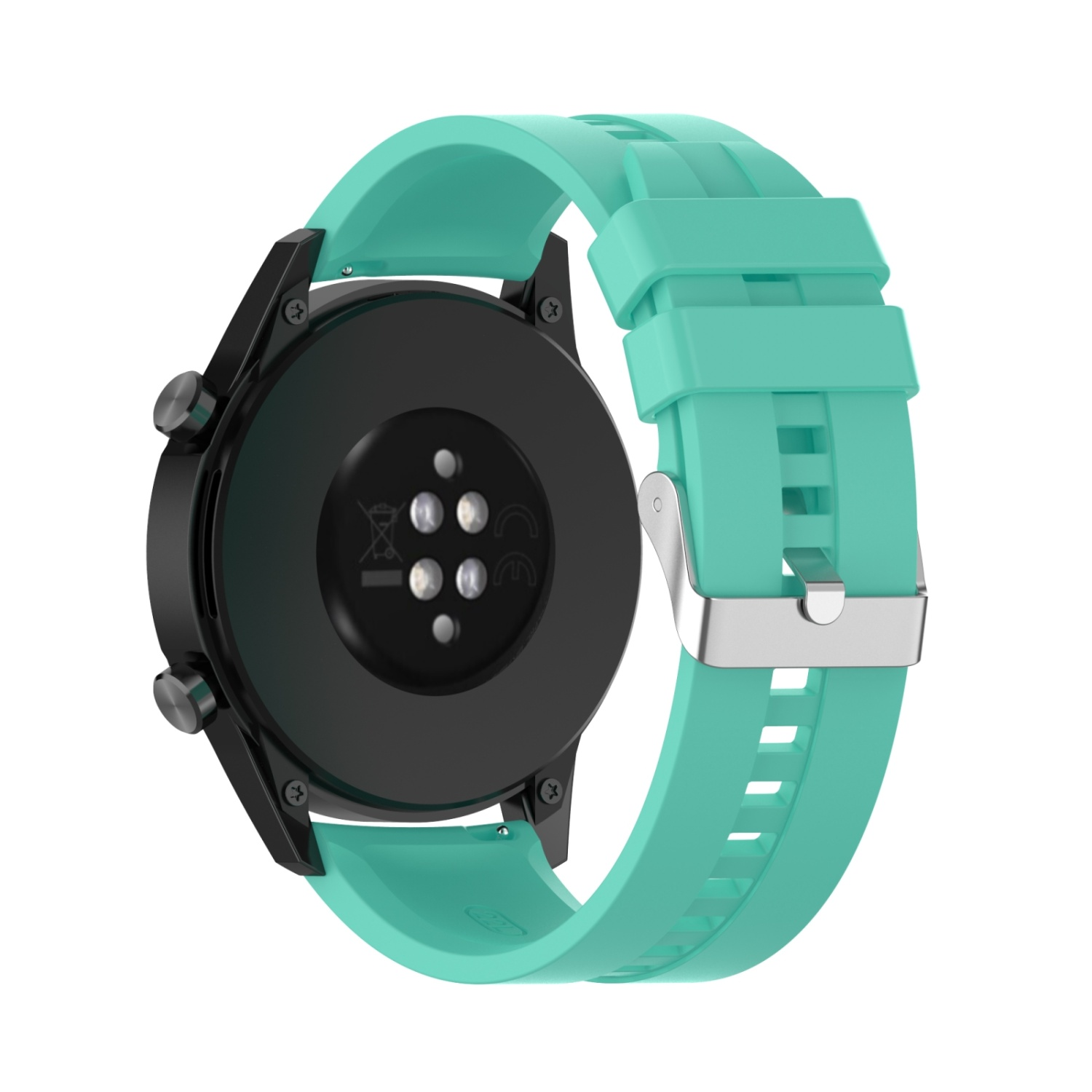 Eine Smartwatch mit türkisfarbenem Armband, von hinten betrachtet.