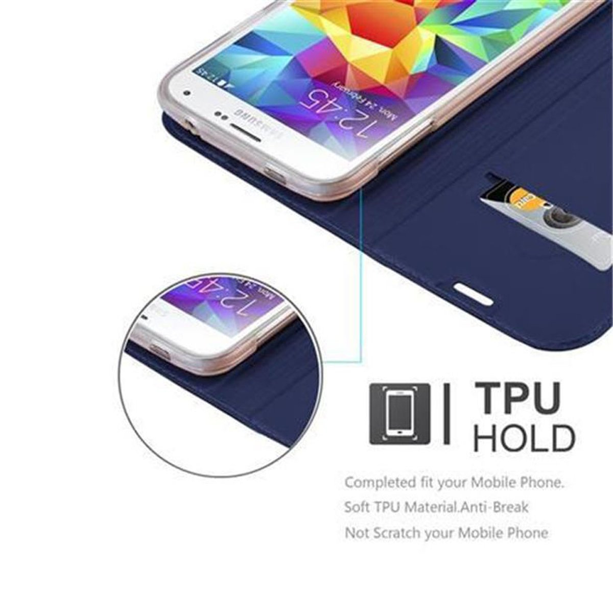 Blaue Handyhülle mit Telefon im Inneren. Text: 'TPU HOLD'. Ein Kreis hebt das Telefon hervor.