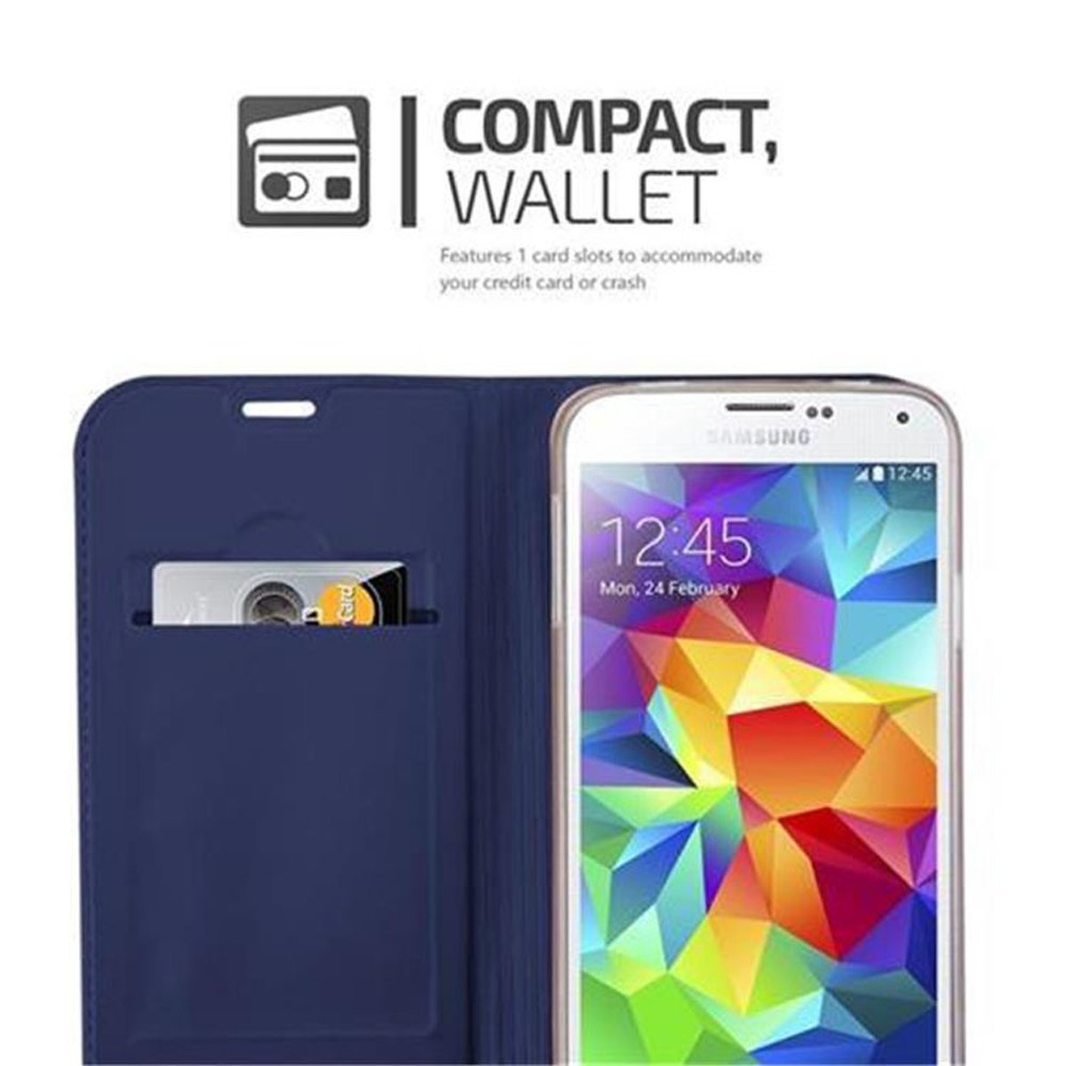 Blaue Wallet-Hülle mit Kartenfach. Telefon zeigt farbenfrohes Bild. Kreditkarte sichtbar.