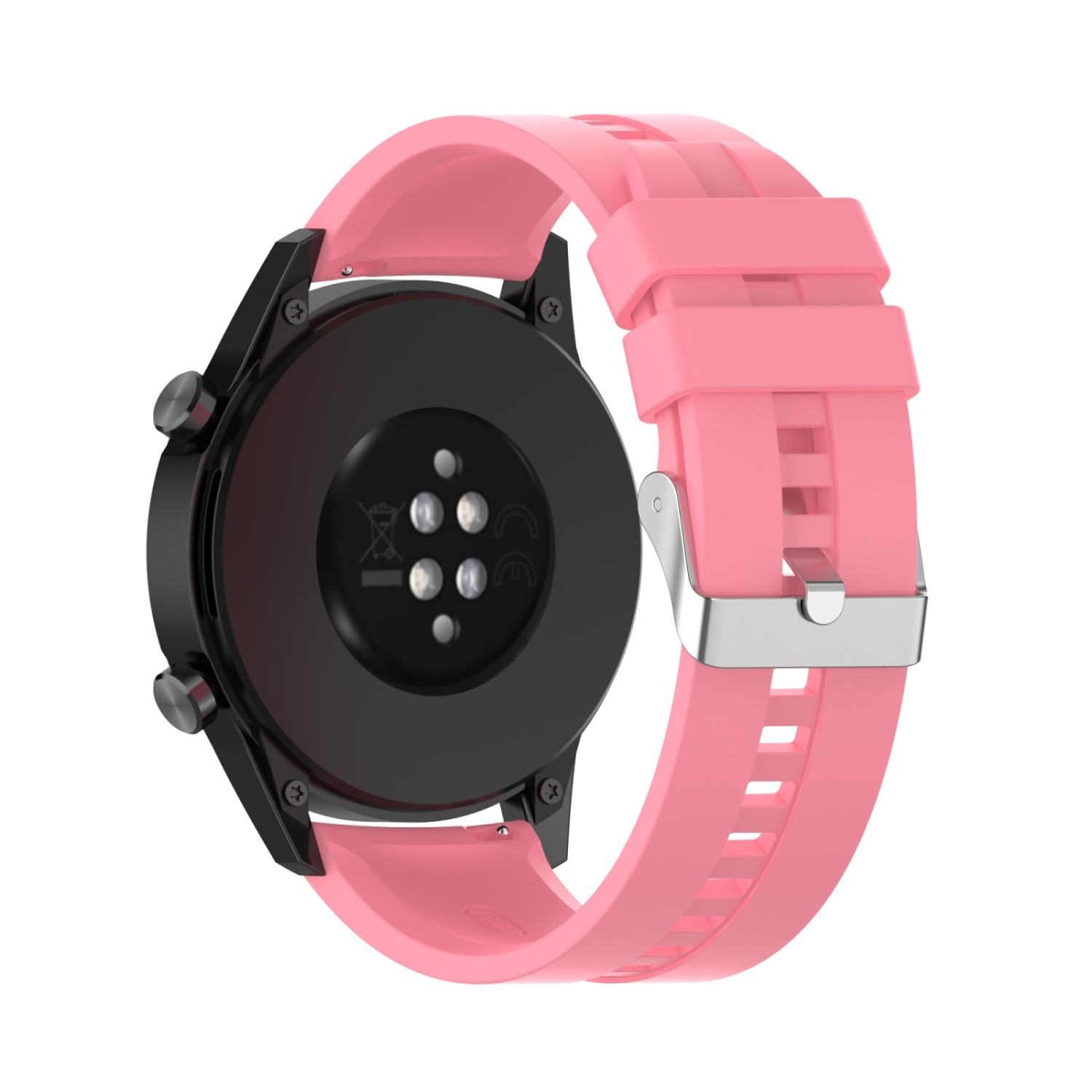 Schwarze Smartwatch mit pinkfarbenem Armband, zeigt die Rückseite der Uhr und das Armband.
