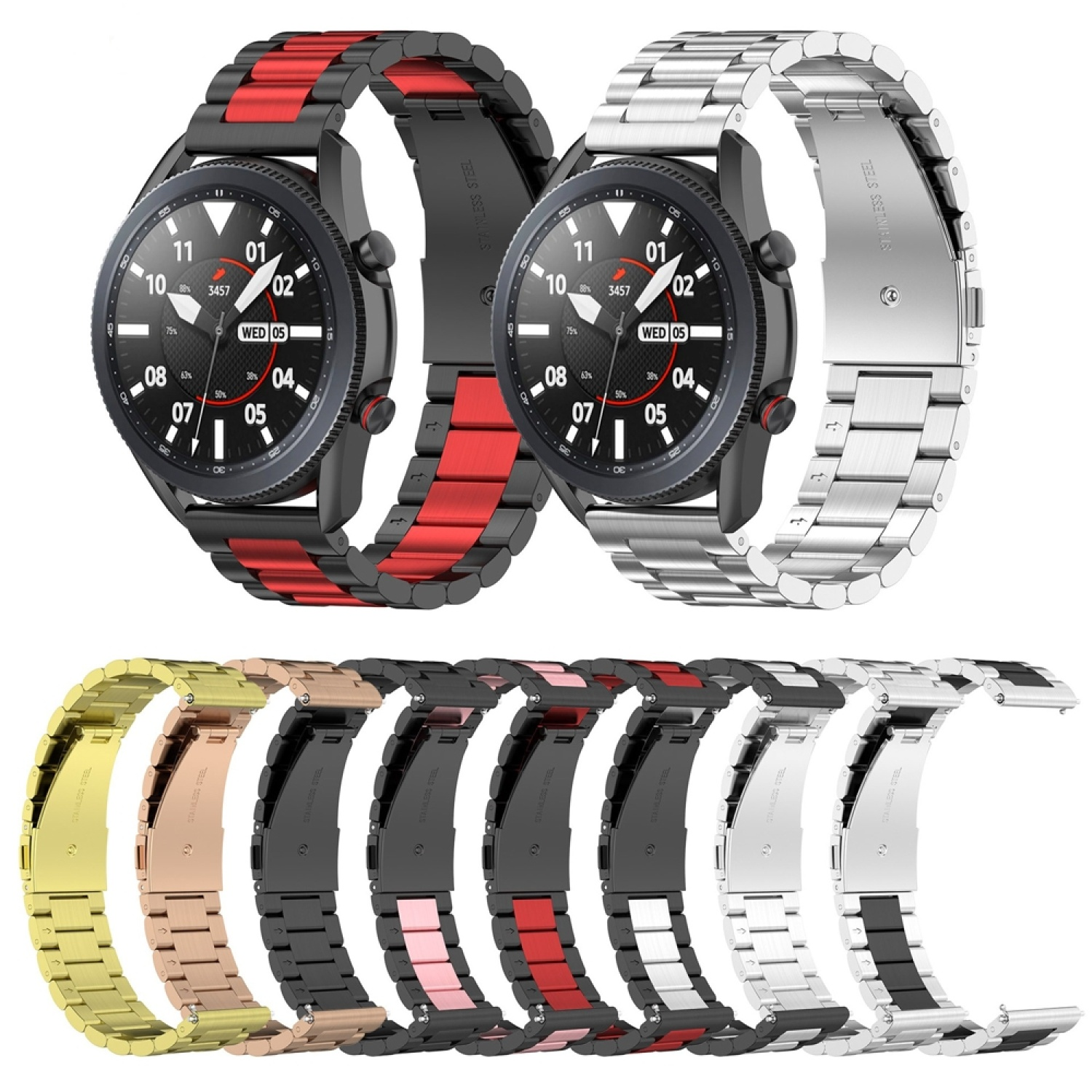 Uhrenarmbänder. Edelstahl-Uhrenarmbänder in mehreren Farben. Schwarz und Rot.
