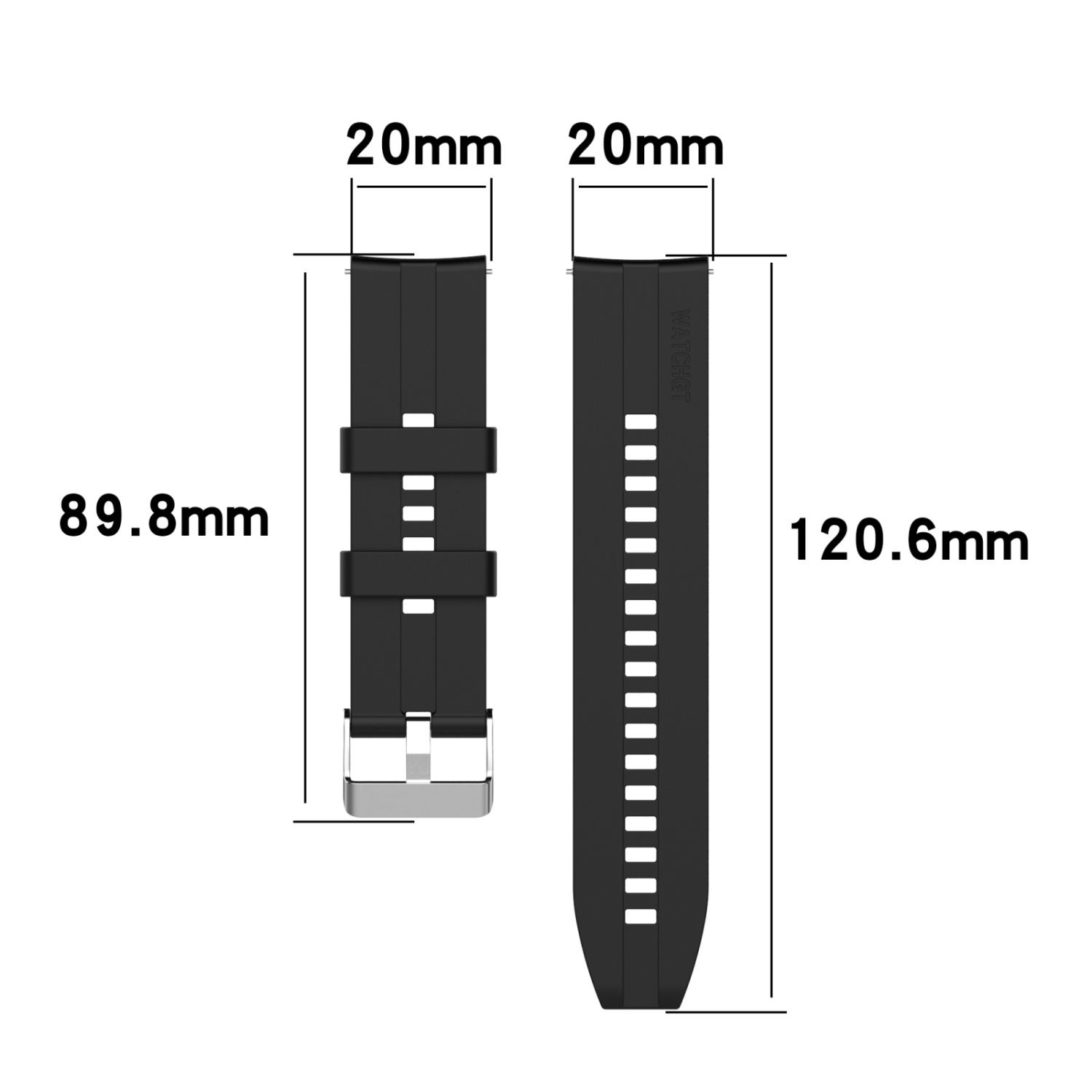 Schwarzes Uhrenarmband mit den Maßen: 89,8 mm, 120,6 mm und 20 mm. Zwei Teile, eines mit Schnalle, eines mit Löchern.
