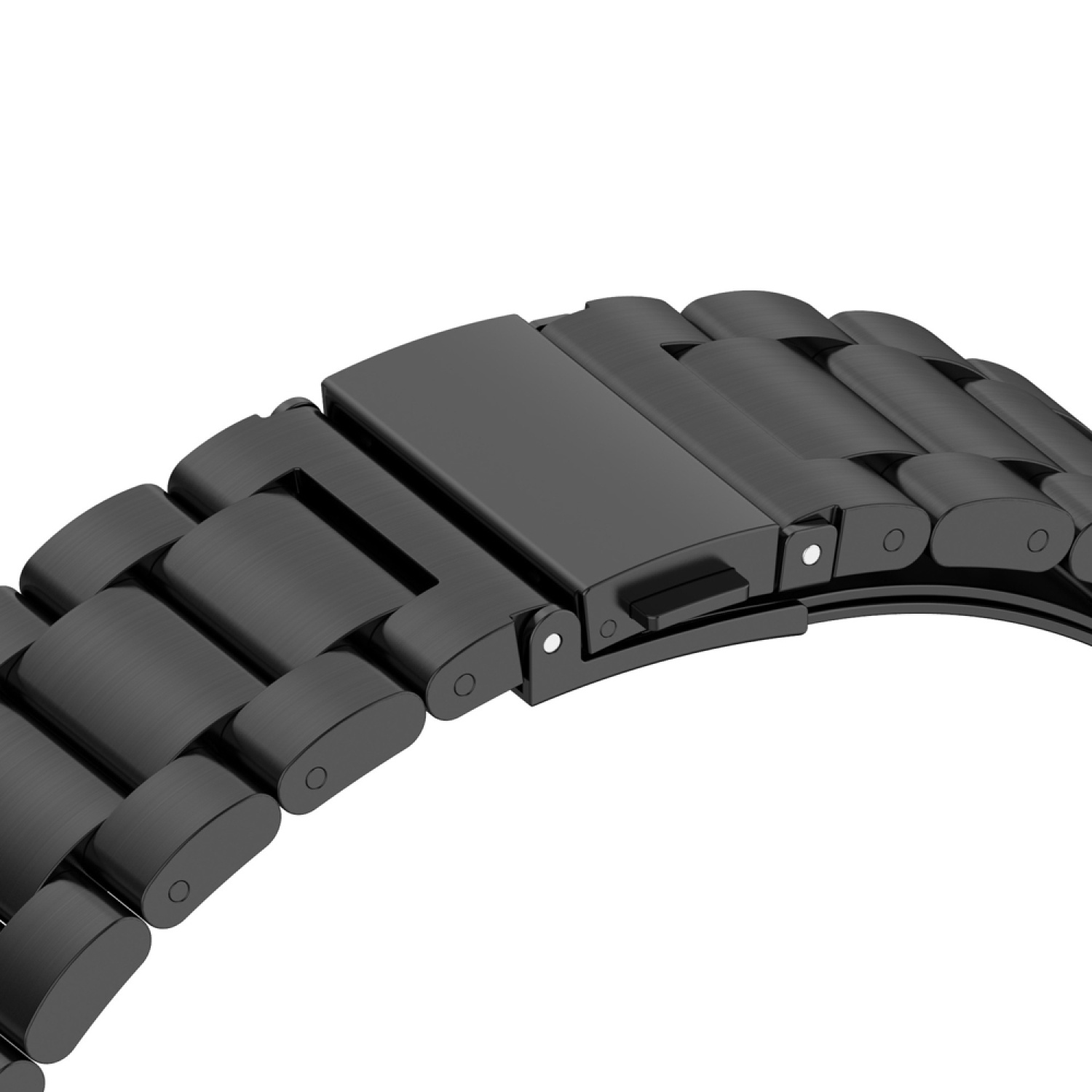 Schwarzes Uhrenarmband, Metallglieder, Nahaufnahme.
