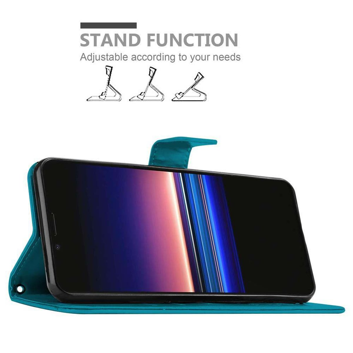 Telefono in custodia turchese, aperto per visualizzare lo schermo. Icone della funzione stand sopra.