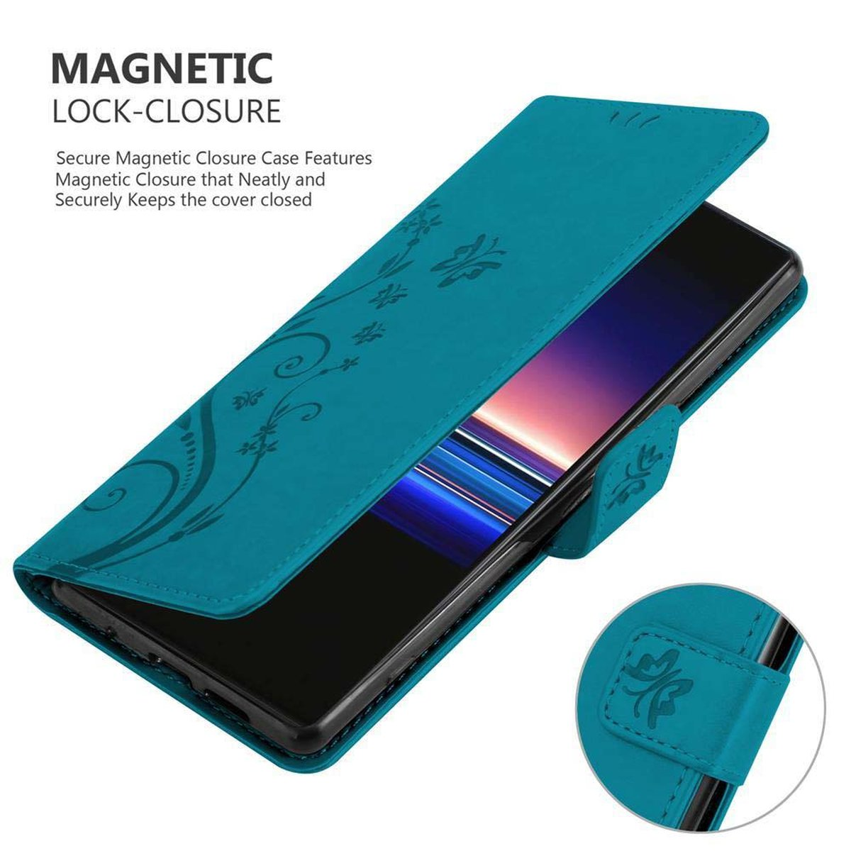 Custodia per telefono verde acqua aperta con telefono all'interno. La custodia presenta un design floreale e chiusura magnetica.