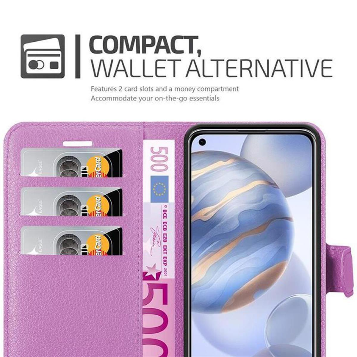 Custodia viola aperta, con telefono, fessure per carte e denaro. Testo: Compatto, Alternativa portafoglio.