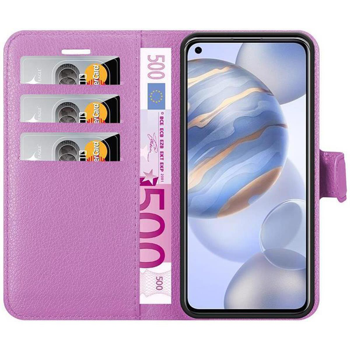 Custodia per telefono viola aperta. Ha fessure per carte, denaro e un telefono con un design astratto.