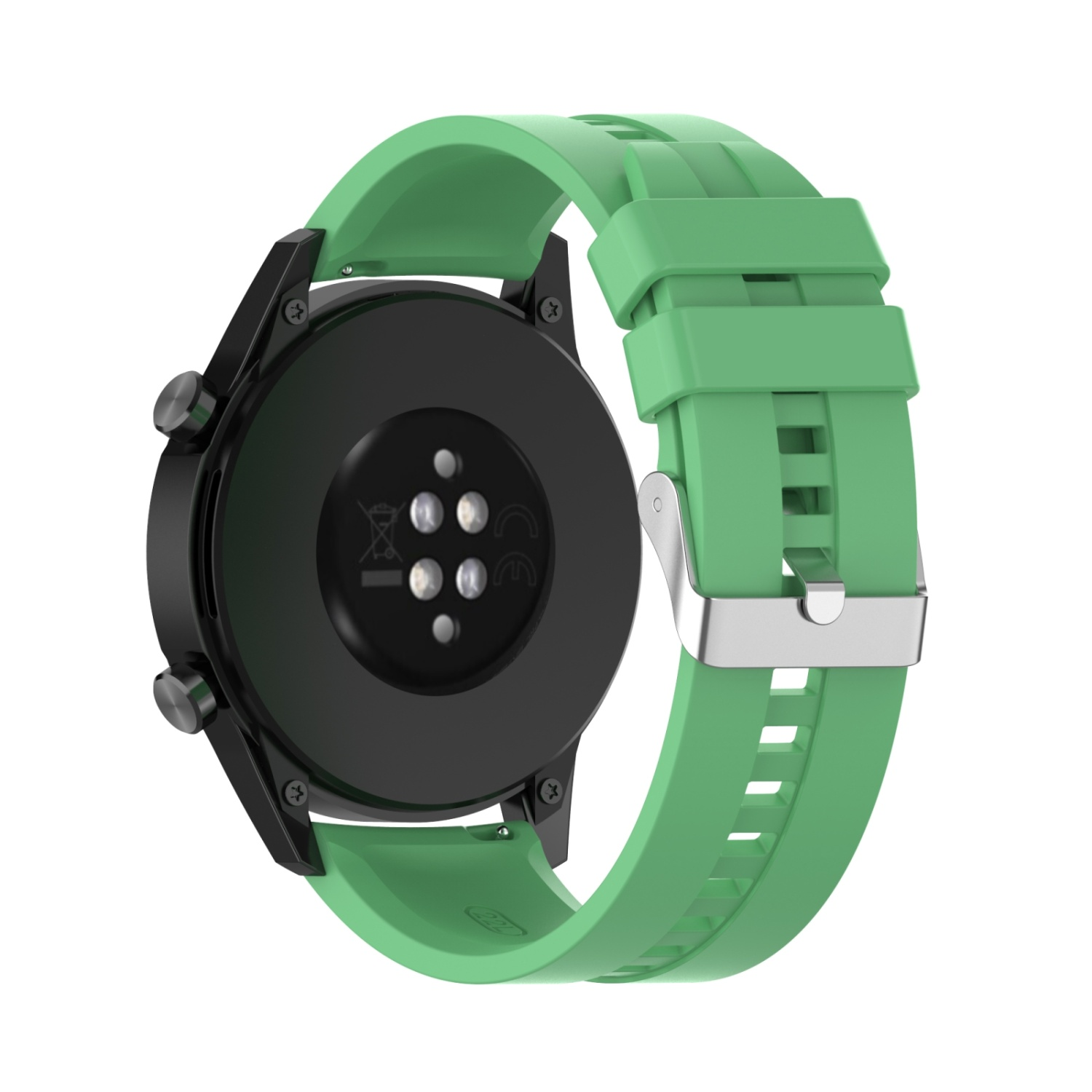 Schwarze Smartwatch mit grünem Armband, Rückseite sichtbar. Das Armband ist geschnallt.