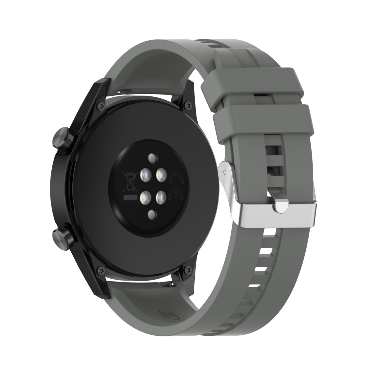 Smartwatch-Rückansicht. Graues Armband, schwarzes Zifferblatt mit Sensoren.