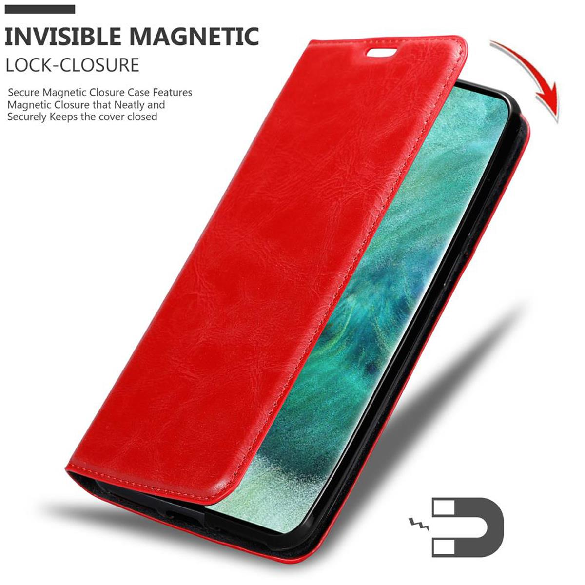 Eine rote Handyhülle, die sich öffnet, um ein Telefon zu zeigen. Text: 'INVISIBLE MAGNETIC LOCK-CLOSURE'. Ein Magnet wird gezeigt.